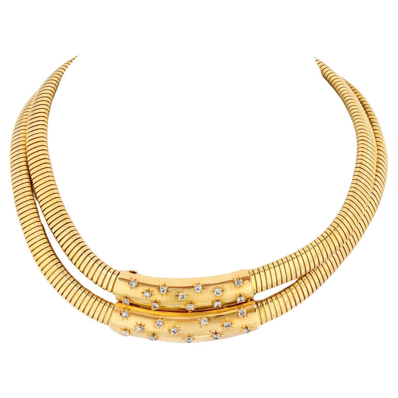 Van Cleef & Arpels 18K Yellow Gold Flexible Double Chain Choker Necklace