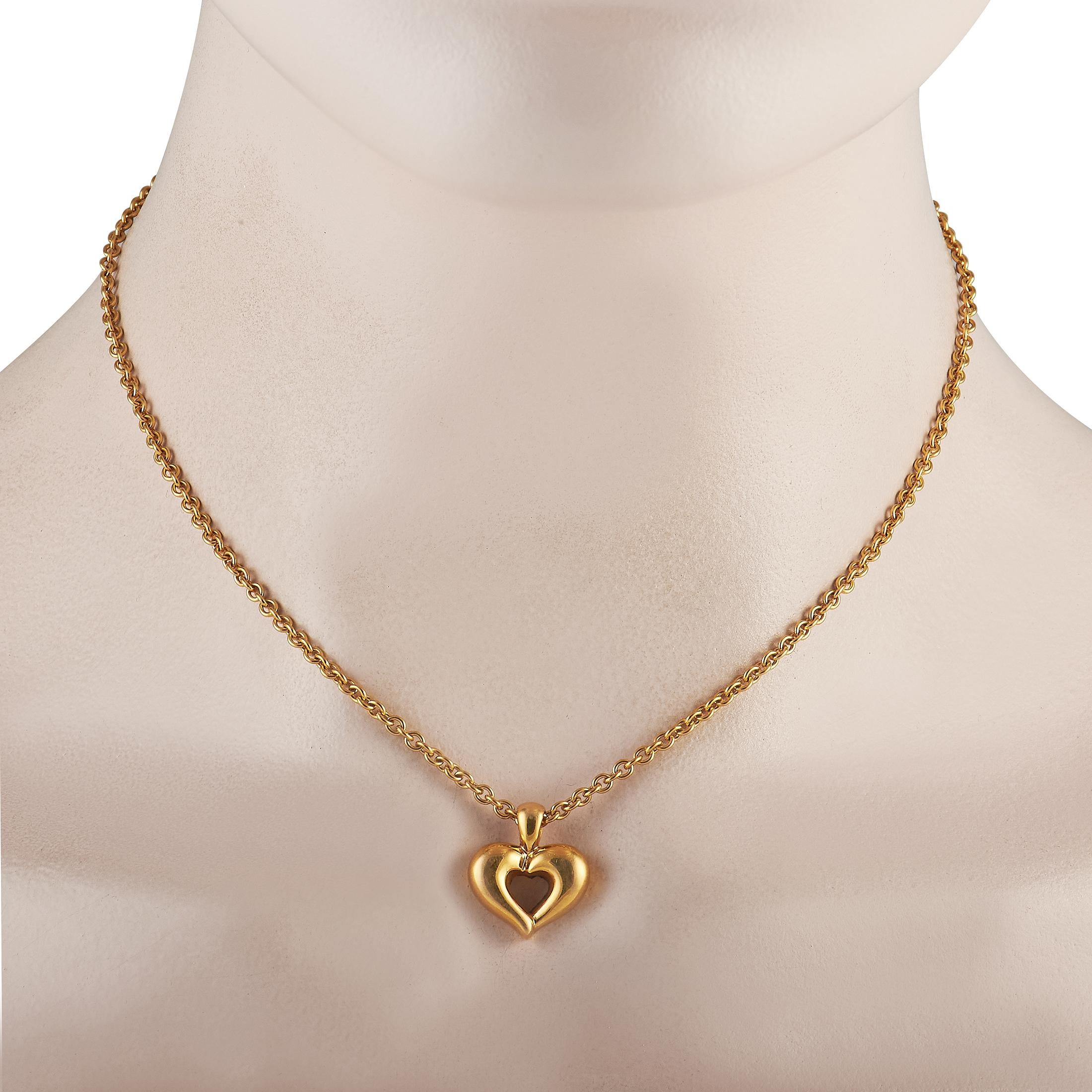 This exquisite Van Cleef & Arpels necklace is simple, elegant, and ideal for any occasion. A heart-shaped pendant measuring 0.75” long and 0.65” wide makes a statement at the center of a 16” long chain on this opulent piece, which is crafted from