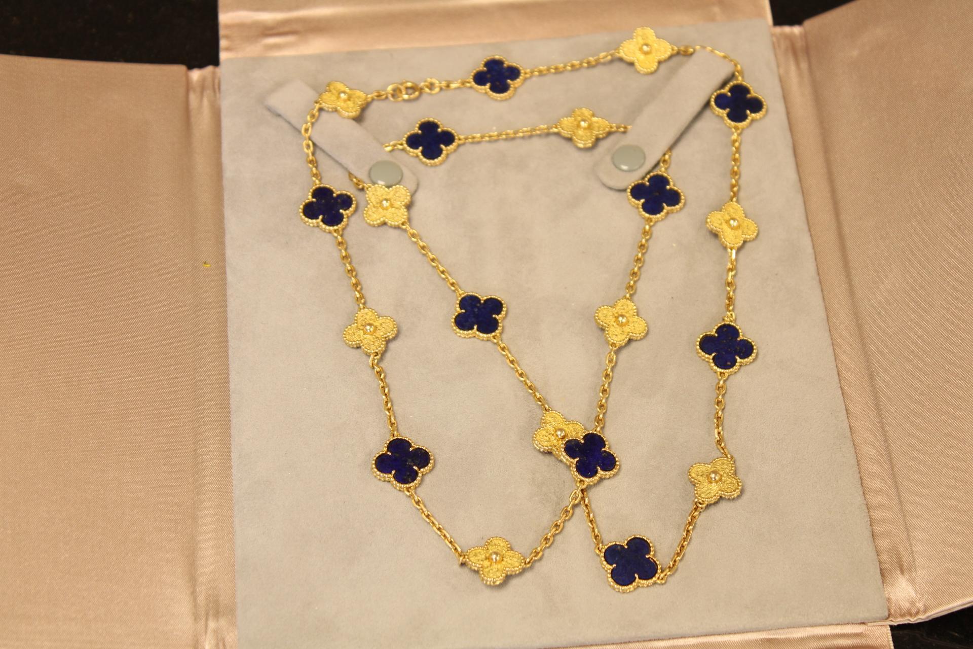 Van Cleef & Arpels 18K Yellow Gold Lapis Lazuli & Vintage Alhambra, 20 Motifs In Good Condition For Sale In Great Neck Plaza, NY