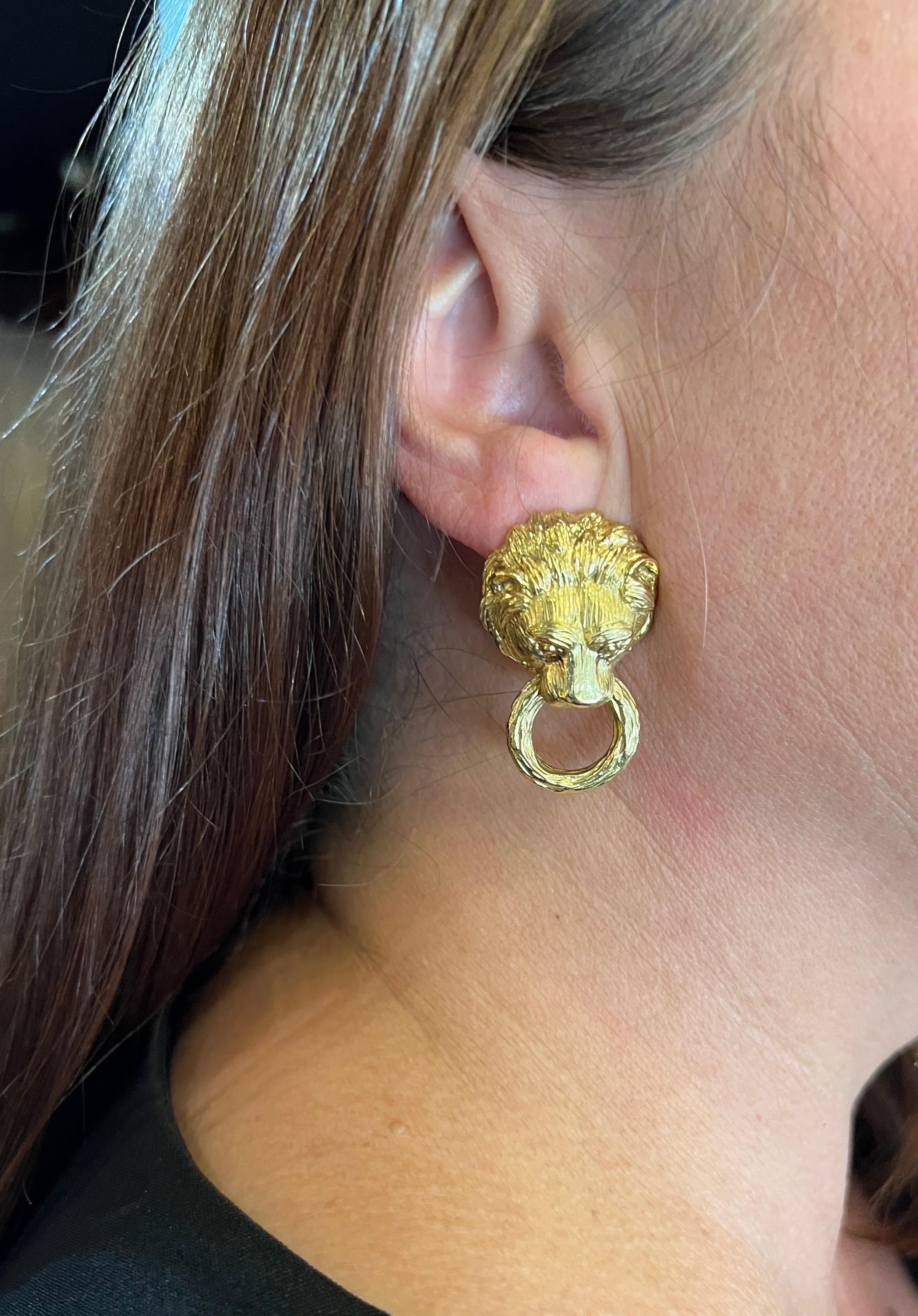 Van Cleef & Arpels 18k Yellow Gold Lion Head Doorknocker Earrings 2
