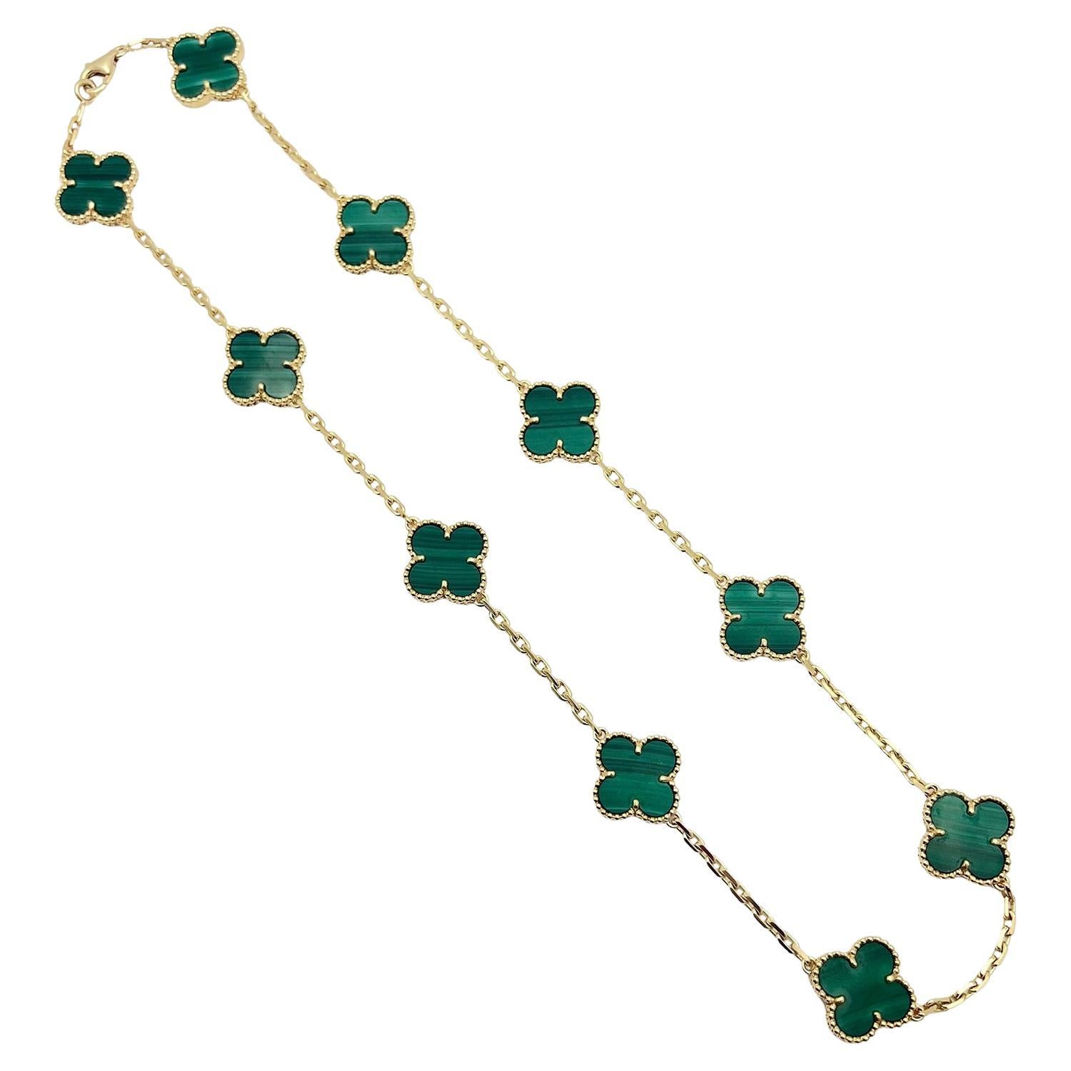 Van Cleef & Arpels Vintage Alhambra Necklace, featuring ten clover-shaped motifs of polished malachite - visible to both sides - linked by sections of chain in between.  Lobster-style clasp.  Signed 