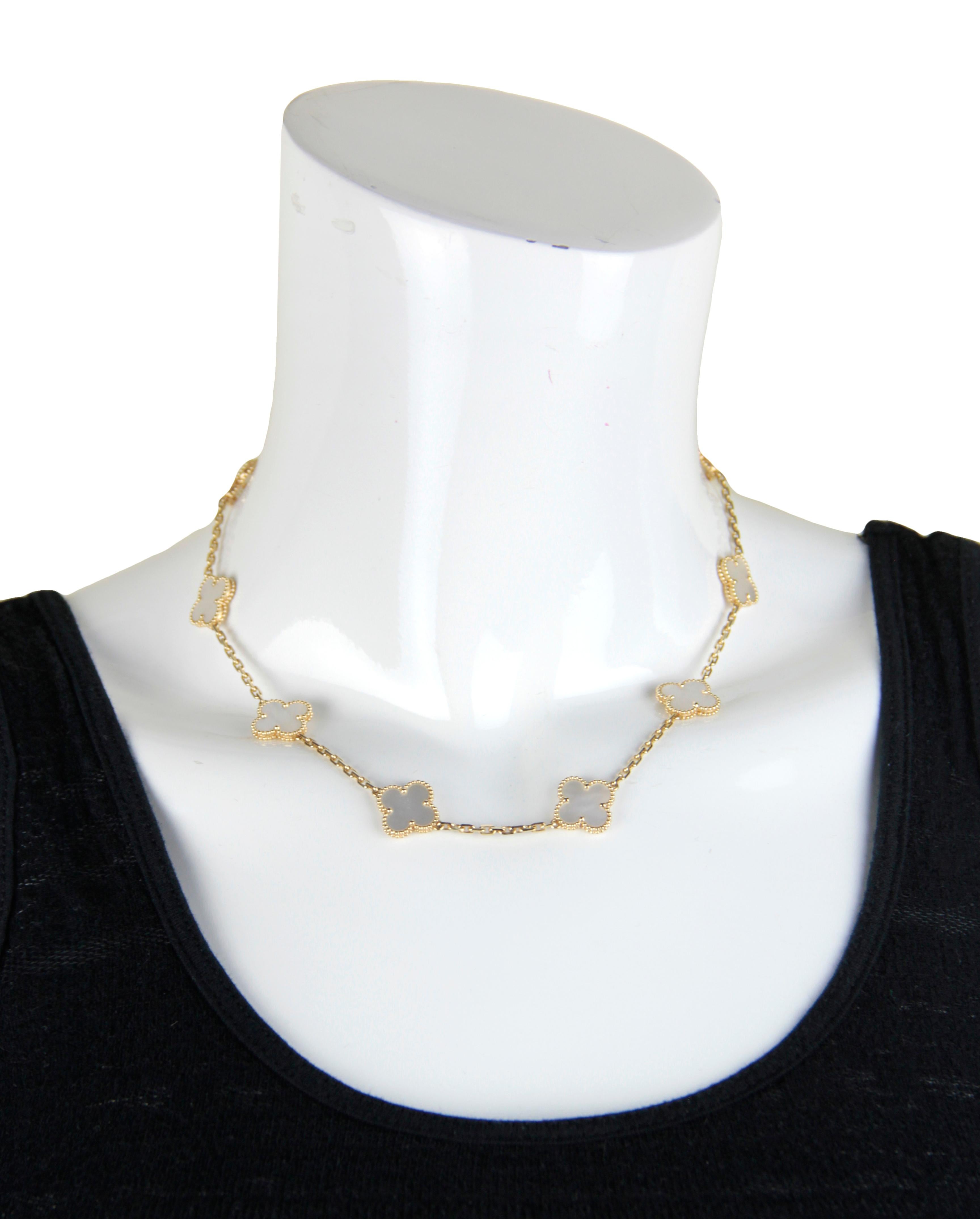 Van Cleef & Arpels 18K Yellow Gold/Mother of Pearl 10 Motif Vintage Alhambra Necklace

Made In: France
Materials: Mother of pearl and polished 18k yellow gold
Hallmarks: VCA Au750, serial number
Closure/Opening: Lobster clasp
Overall Condition: