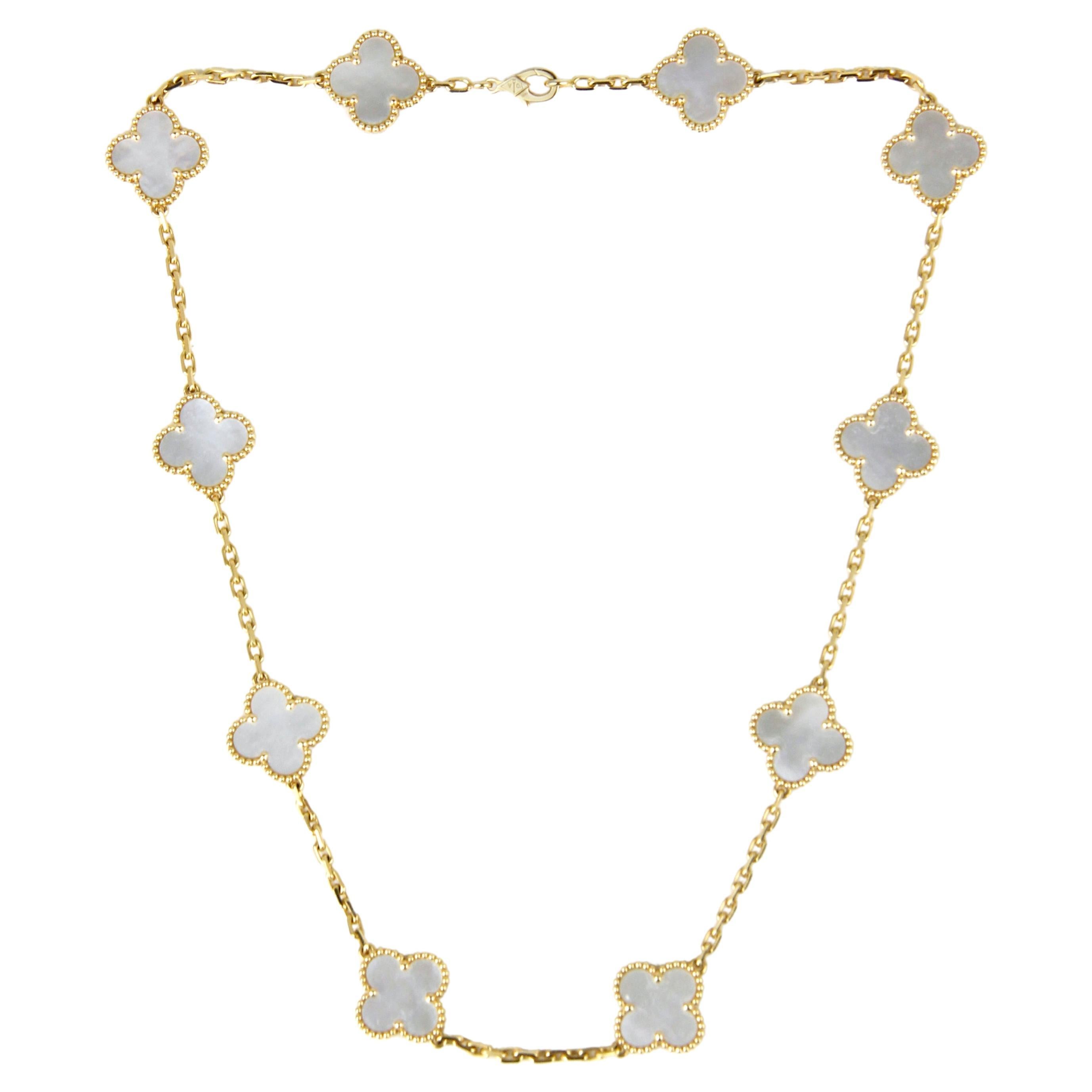 Van Cleef & Arpels 18K Yellow Gold/Mother of Pearl 10 Vintage Alhambra Necklace 