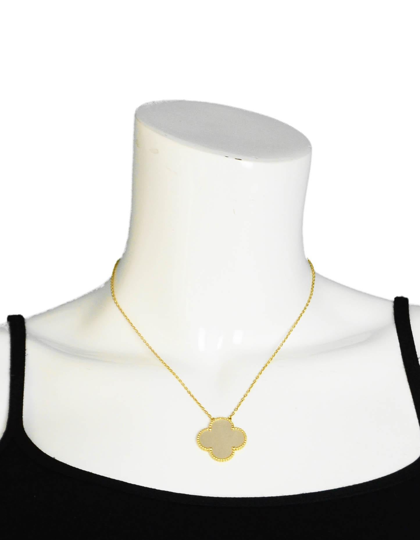 Van Cleef & Arpels 18K Yellow Gold/Mother of Pearl Magic Alhambra Pendant Necklace
Made In: France
Materials: Mother of pearl and 18k gold
Hallmarks: VCA
Closure/Opening: Lobster clasp
Overall Condition: Very good - surface wear and