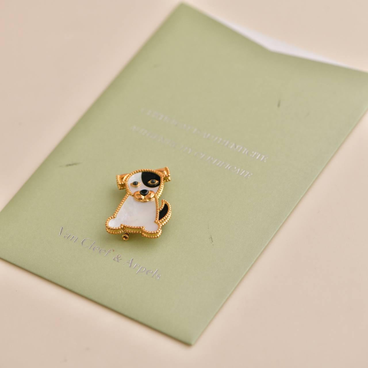Uncut Van Cleef & Arpels 18K Yellow Gold Mother-of-Pearl Onyx Lucky Animals Dog Brooch For Sale