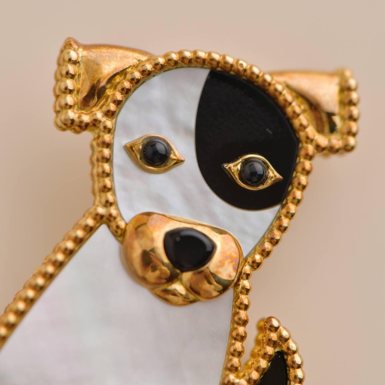 Women's or Men's Van Cleef & Arpels 18K Yellow Gold Mother-of-Pearl Onyx Lucky Animals Dog Brooch