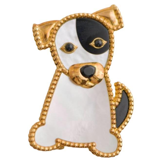 Van Cleef & Arpels 18K Yellow Gold Mother-of-Pearl Onyx Lucky Animals Dog Brooch