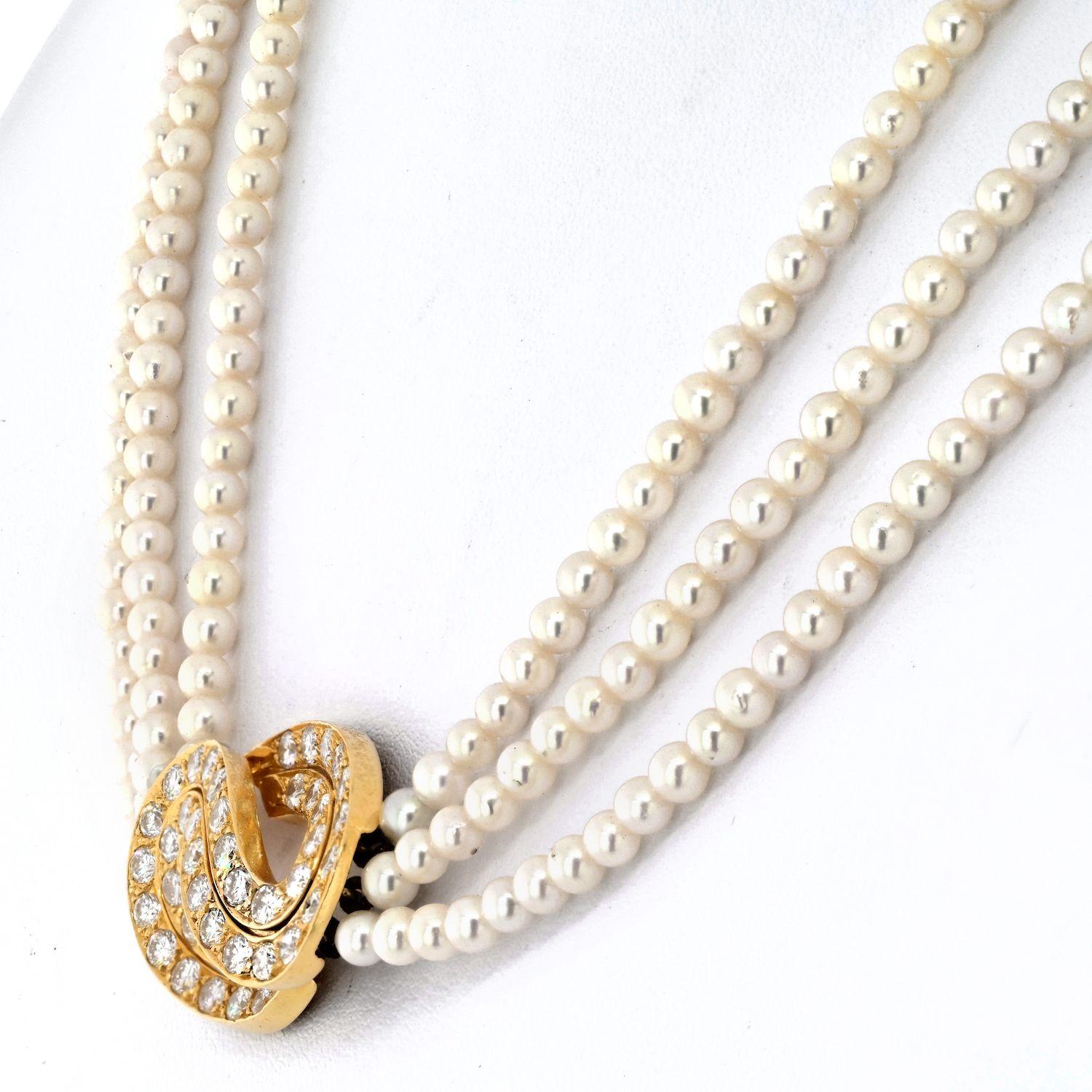 Modern Van Cleef & Arpels 18K Yellow Gold Multistrand Pearl Diamond Necklace For Sale