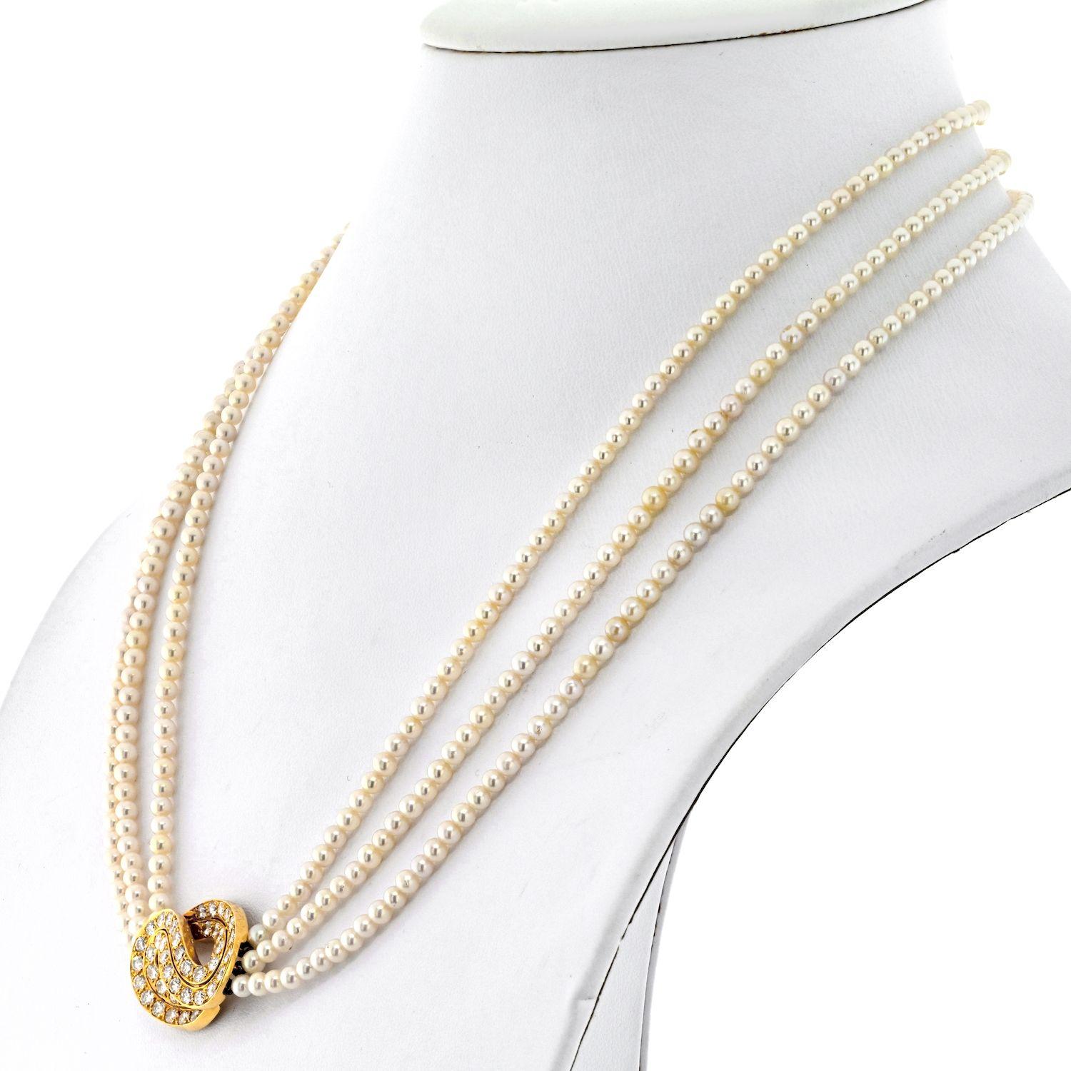 Round Cut Van Cleef & Arpels 18K Yellow Gold Multistrand Pearl Diamond Necklace For Sale