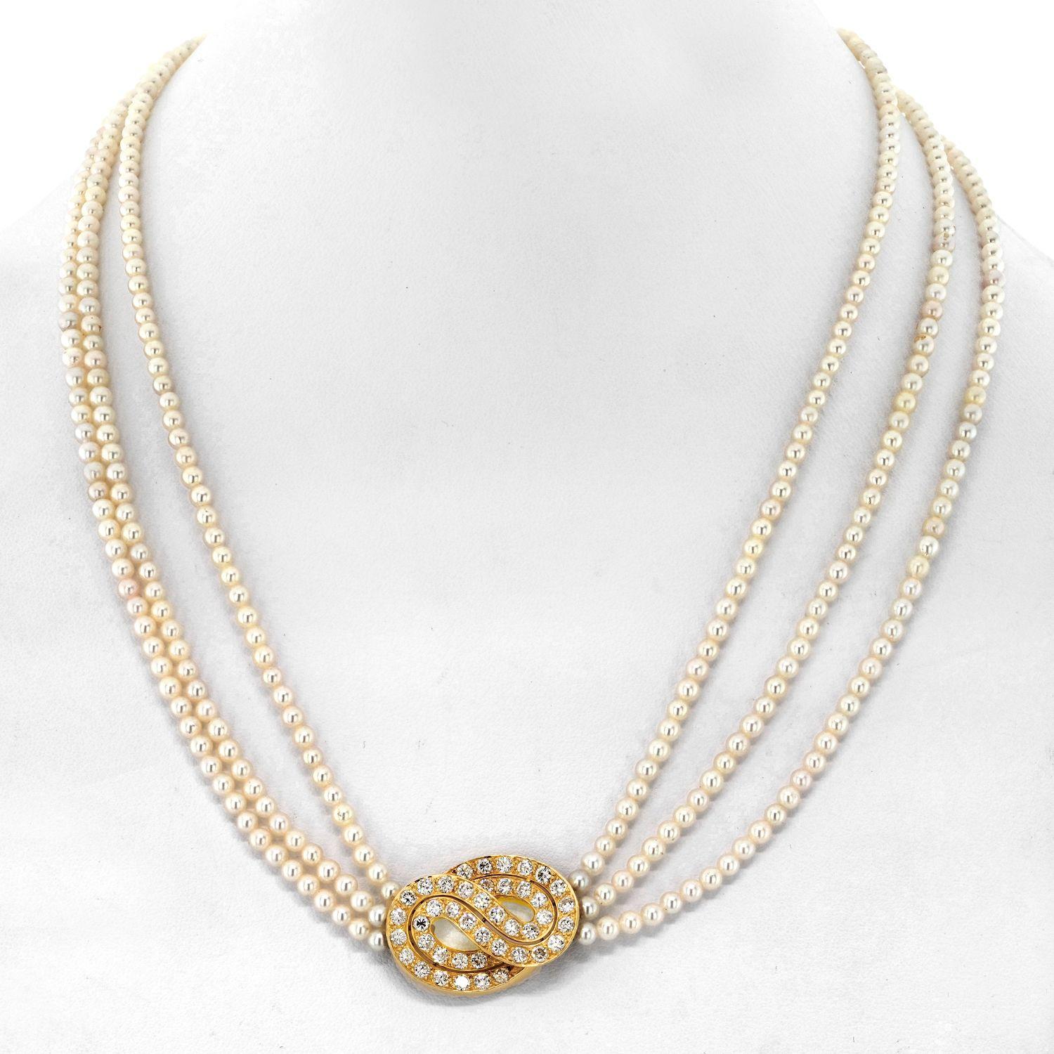 Van Cleef & Arpels 18K Yellow Gold Multistrand Pearl Diamond Necklace In Excellent Condition For Sale In New York, NY
