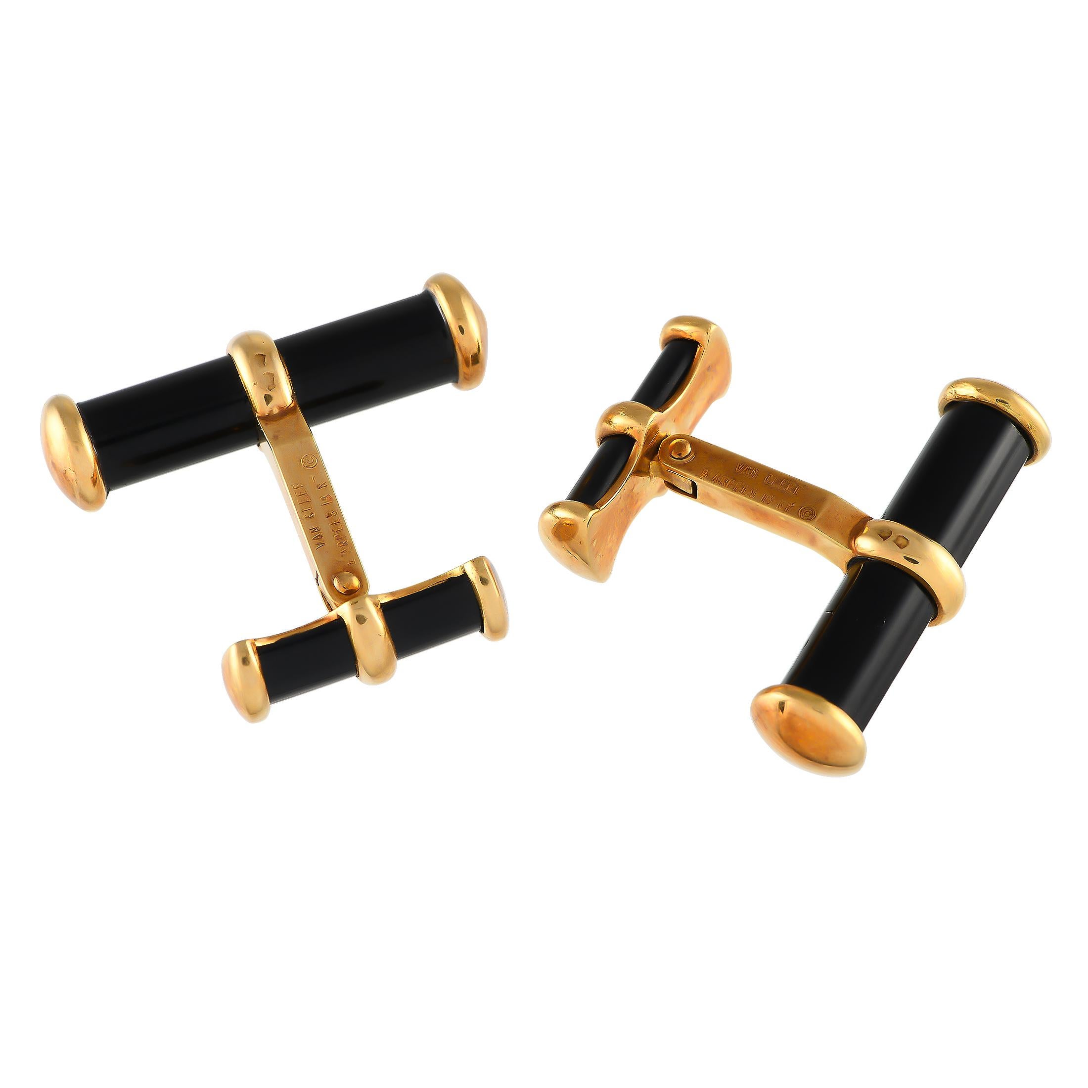 These luxurious Van Cleef & Arpels cufflinks will elevate any suited ensemble. Sleek and sophisticated in design, each one measures 1.0 by 1.0 and features a striking combination of 18K Yellow Gold and black Onyx gemstones.This jewelry piece is