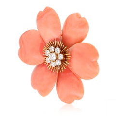 VAN CLEEF & ARPELS 18K Yellow Gold, Orange Coral and Diamond Rose de Noël Brooch