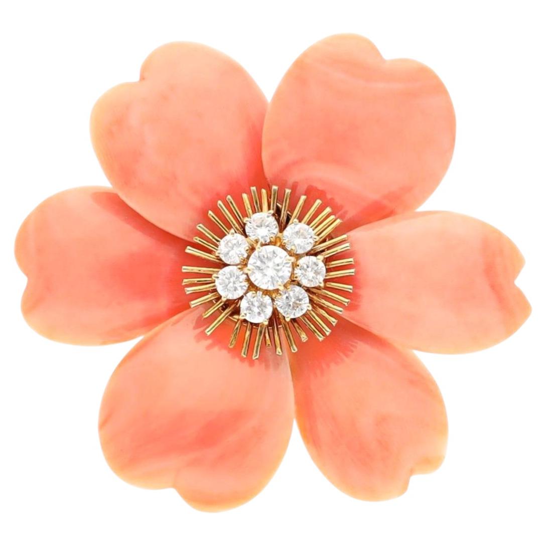 VAN CLEEF & ARPELS 18K Yellow Gold, Orange Coral and Diamond Rose de Noël Brooch