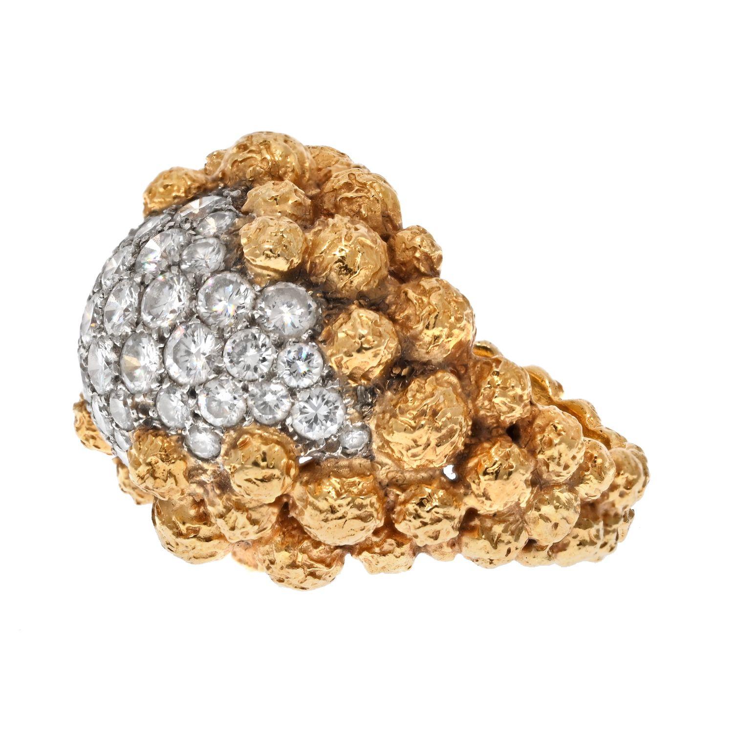 Vintage Van Cleef & Arpels 18K yellow gold ring with round cut diamonds set in platinum. 
This special textured setting resembles round gold nuggets and looks very articulated on. 
42 Round Cuts 3.00cts, DEF, VVS-VS.
Size: 5.5