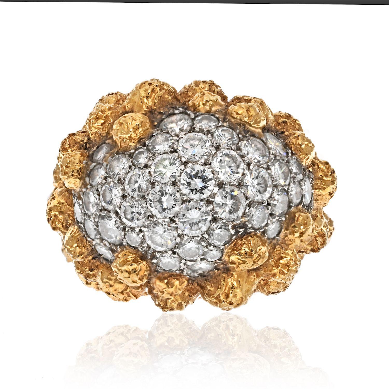 Round Cut Van Cleef & Arpels 18K Yellow Gold Pave Diamond Cluster Textured Beaded Ring