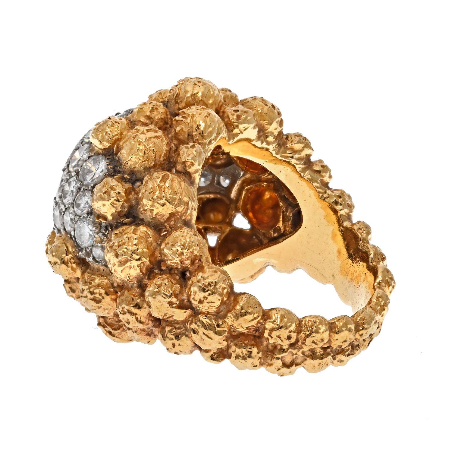 Women's Van Cleef & Arpels 18K Yellow Gold Pave Diamond Cluster Textured Beaded Ring