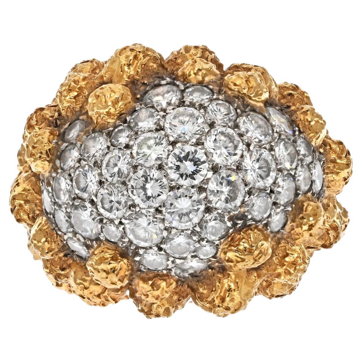 Van Cleef & Arpels 18K Yellow Gold Pave Diamond Cluster Textured Beaded Ring