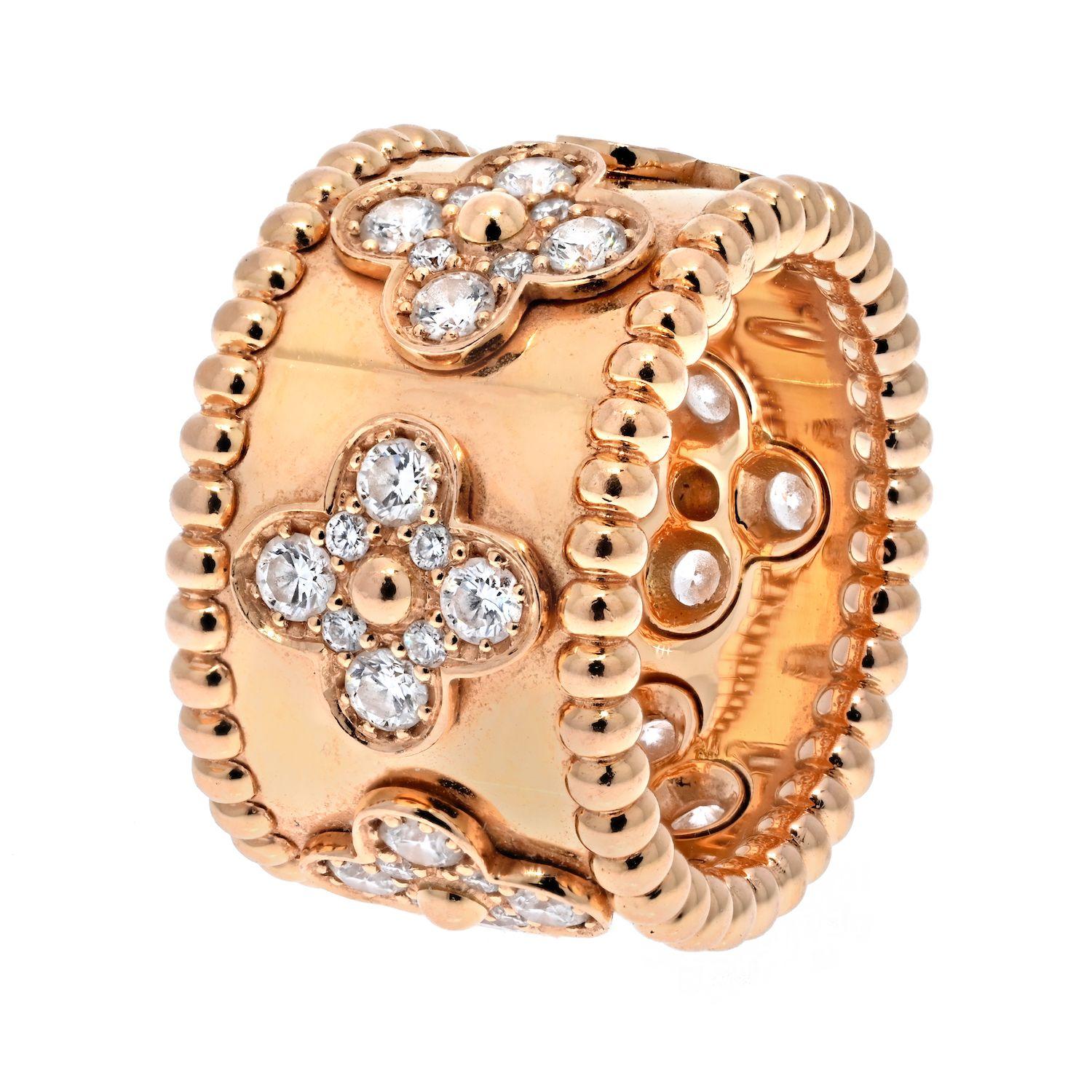 Van Cleef & Arpels 18K Yellow Gold Perlee Clover Diamond Ring.

Superb and rare Van Cleef & Arpels Perlée Trèfle large model ring in yellow gold diamonds, composed of one significant smooth sleeve in yellow gold, decorated with 6 very beautiful