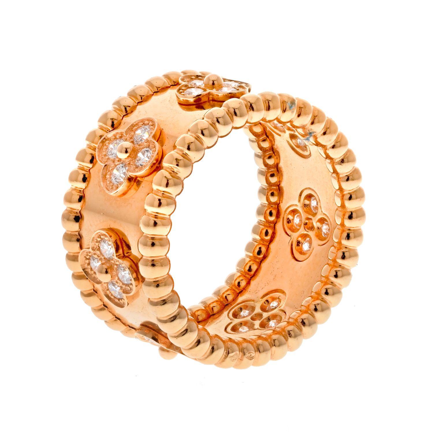 The Perlee ring from Van Cleef & Arpels is a timeless piece of jewelry. Crafted from 18k yellow gold and set with dazzling diamonds, this ring is sure to make a statement. With its classic design, it is sure to be a treasured piece of jewelry for