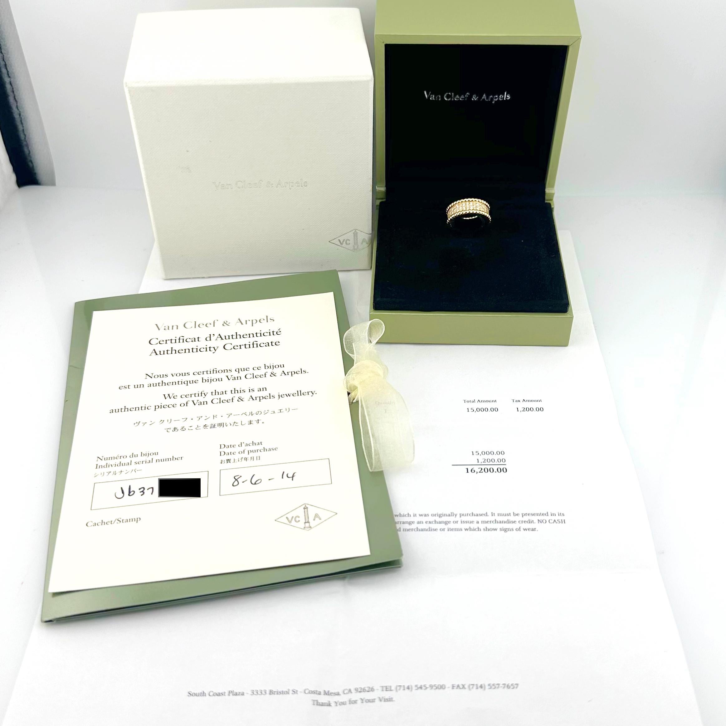 Van Cleef & Arpels Perlee Diamonds 3 Row Ring
Style:  Pave
Ref. number:  VCARO3Y900 - JB37****
Metal:  18k Yellow Gold
Size:  5 
Width:  8 mm
TCW:  1.11 tcw
Main Diamond:  95 Round Brilliant Diamonds
Color & Clarity:  DEF, IF
Hallmark:  VCA Au750 4
