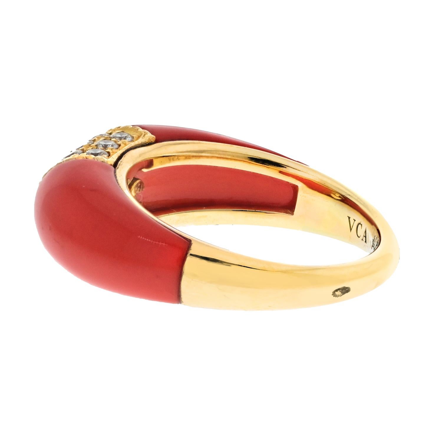 Modern Van Cleef & Arpels 18K Yellow Gold Philippine Diamond And Coral Ring Size 6