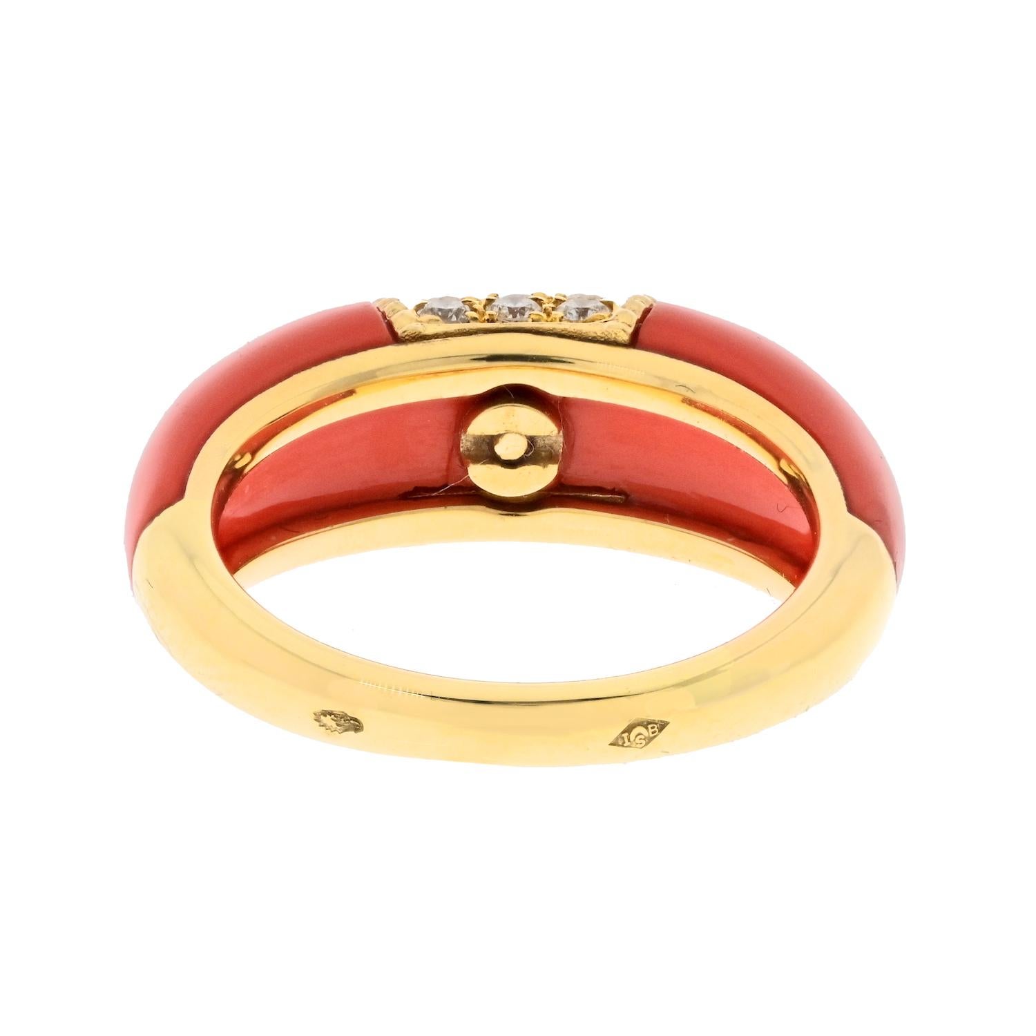 Round Cut Van Cleef & Arpels 18K Yellow Gold Philippine Diamond And Coral Ring Size 6