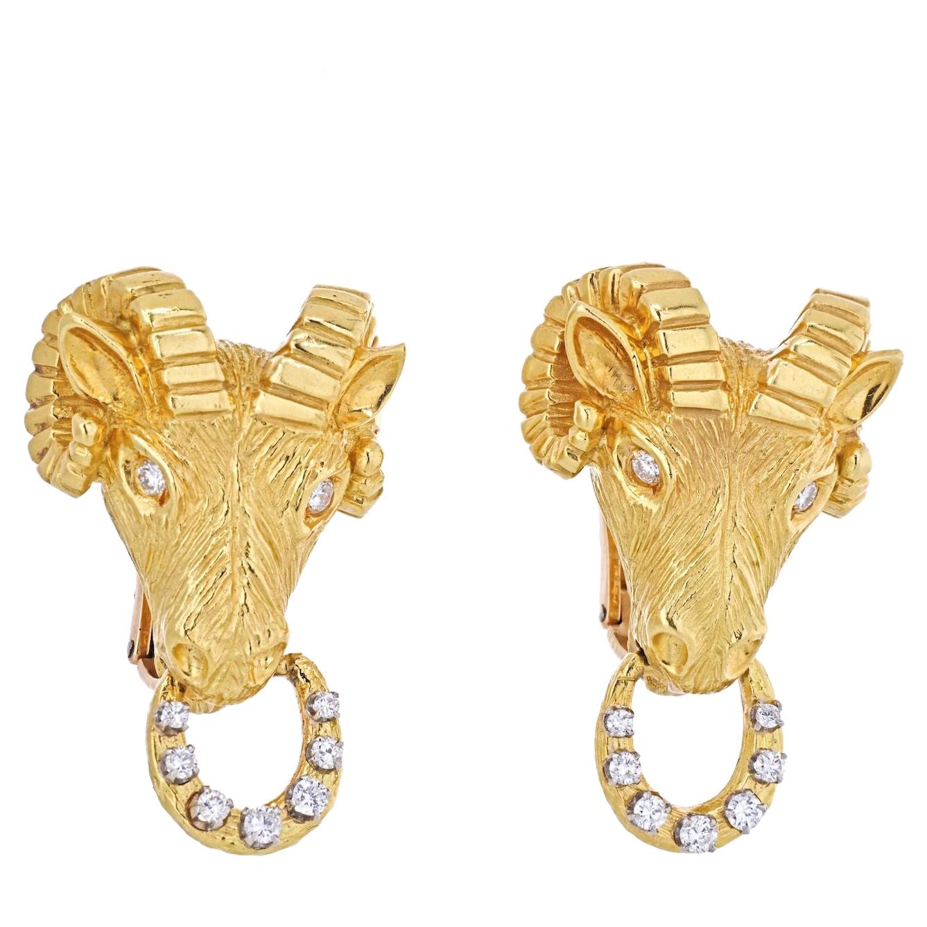 Van Cleef & Arpels 18K Yellow Gold Ram Head 0.50 Carat Diamond Clip-On Earrings