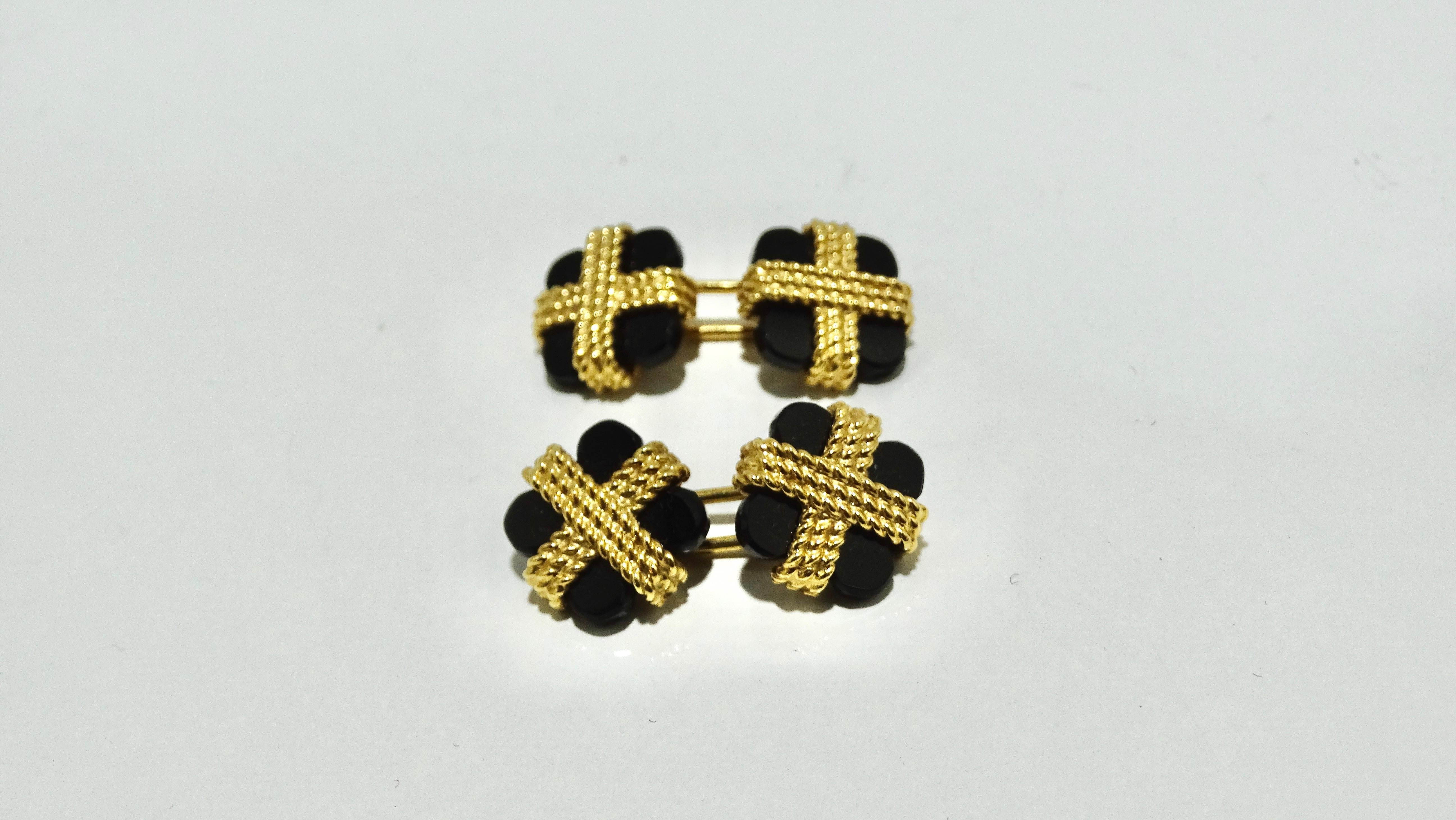 Van Cleef & Arpels 18k Yellow Gold Rope Onyx Cufflinks In Excellent Condition For Sale In Scottsdale, AZ