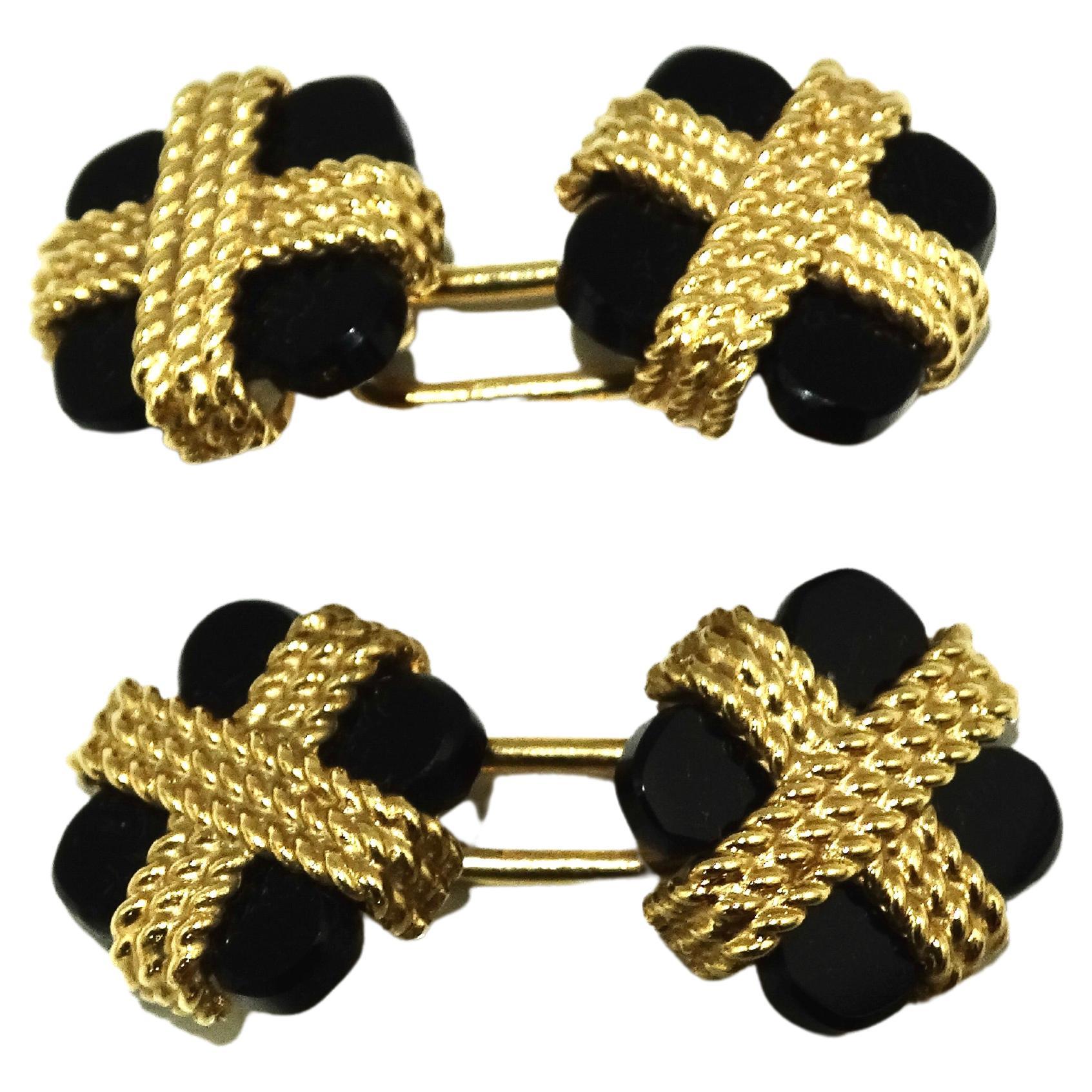 Van Cleef & Arpels 18k Yellow Gold Rope Onyx Cufflinks For Sale