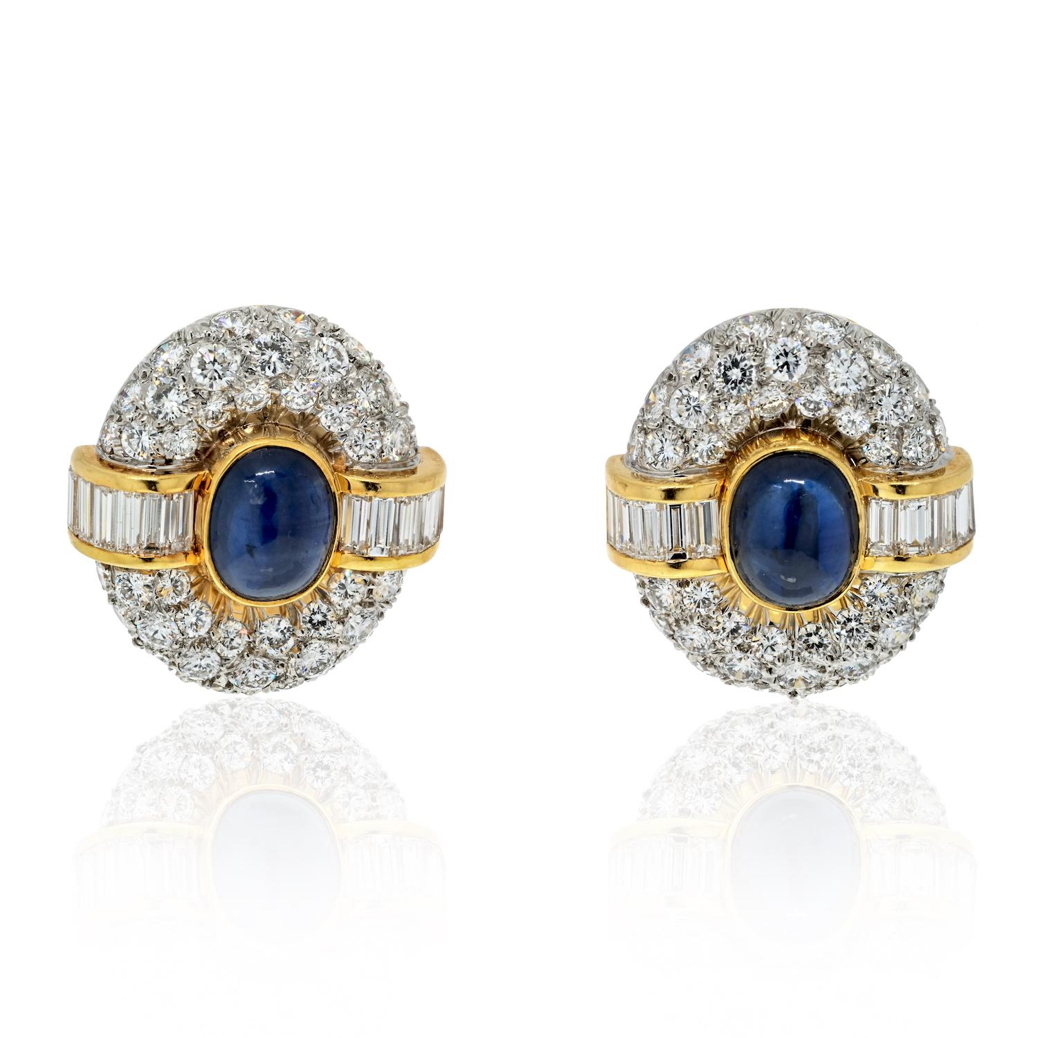 The Van Cleef & Arpels 18K Yellow Gold Sapphire And Diamond Clip On Earrings are a stunning display of elegance and craftsmanship. These earrings feature a striking design that centers around a mesmerizing oval cabochon-cut sapphire, measuring 9mm