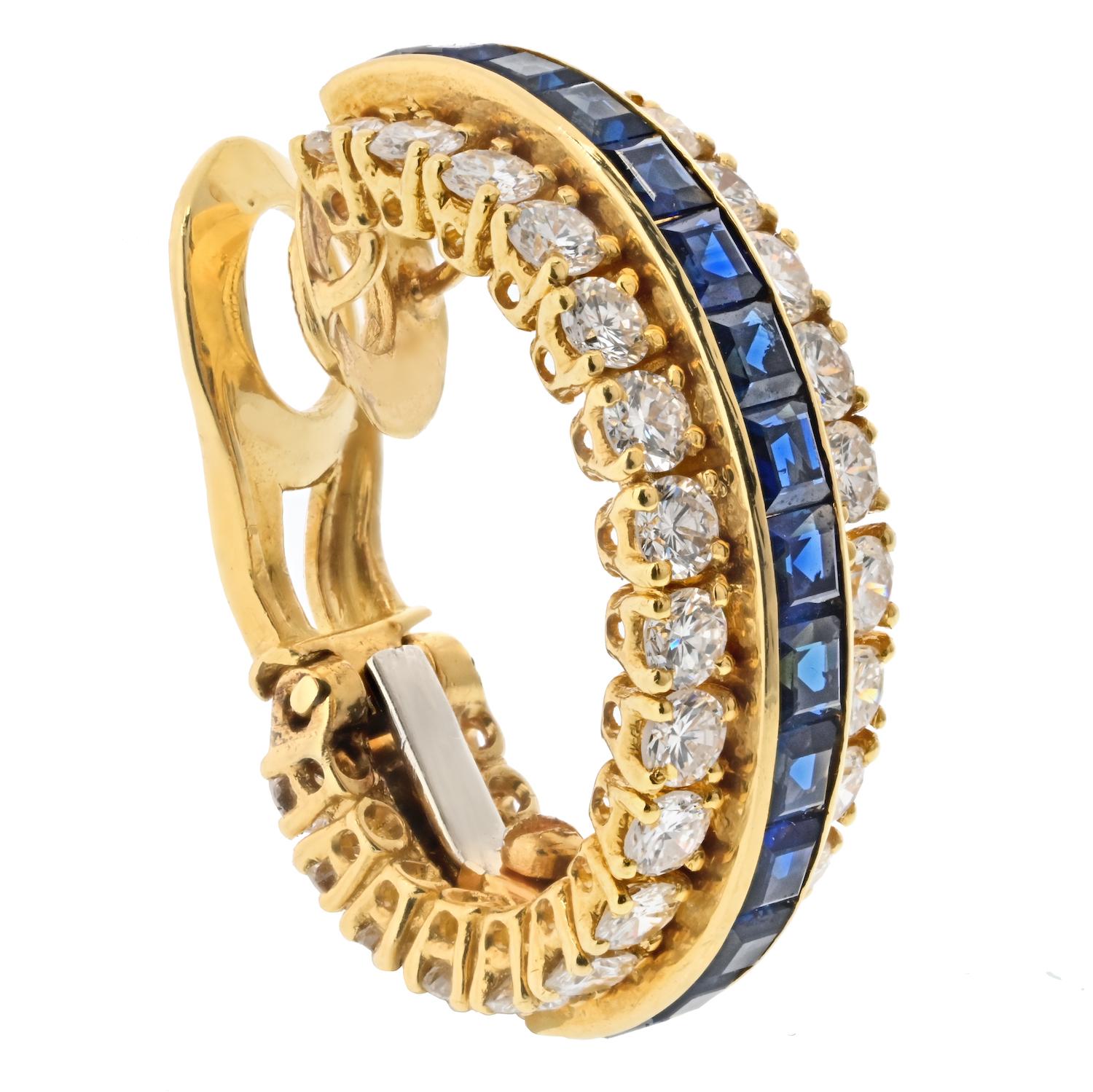 Modern Van Cleef & Arpels 18k Yellow Gold Sapphire and Diamond Hoop Earrings For Sale