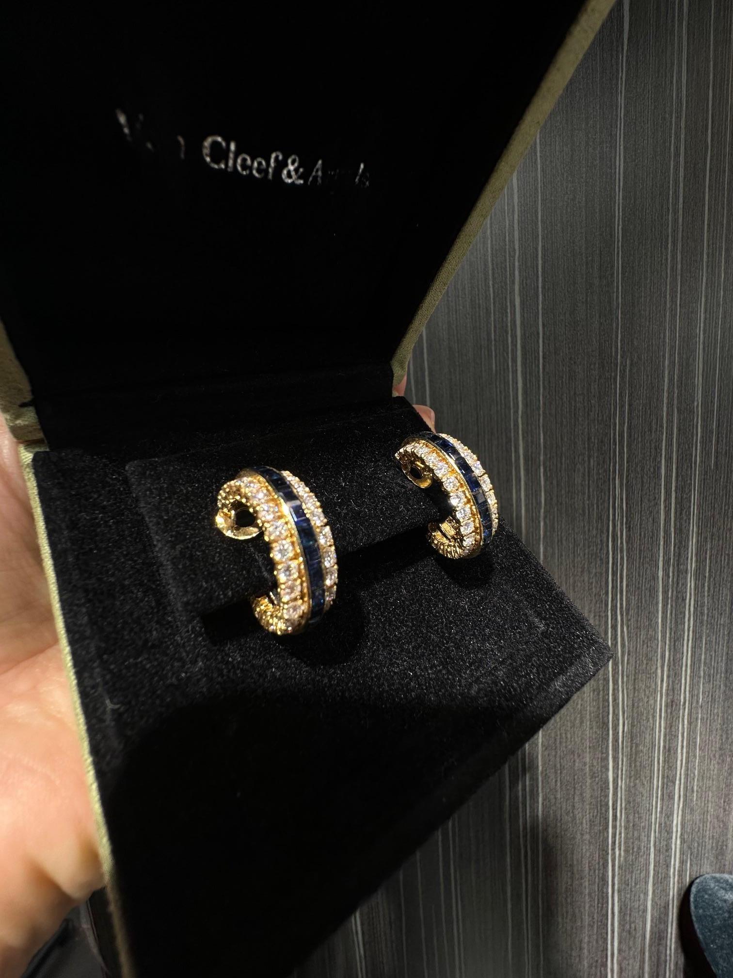 Van Cleef & Arpels 18k Yellow Gold Sapphire and Diamond Hoop Earrings In Excellent Condition For Sale In New York, NY
