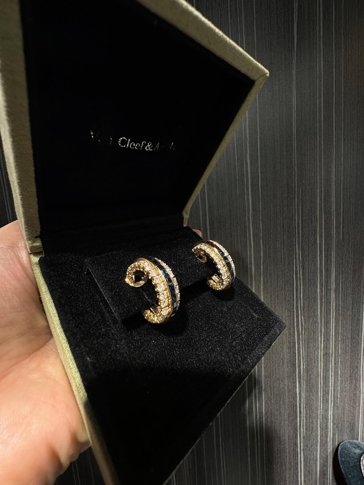 Women's Van Cleef & Arpels 18k Yellow Gold Sapphire and Diamond Hoop Earrings For Sale