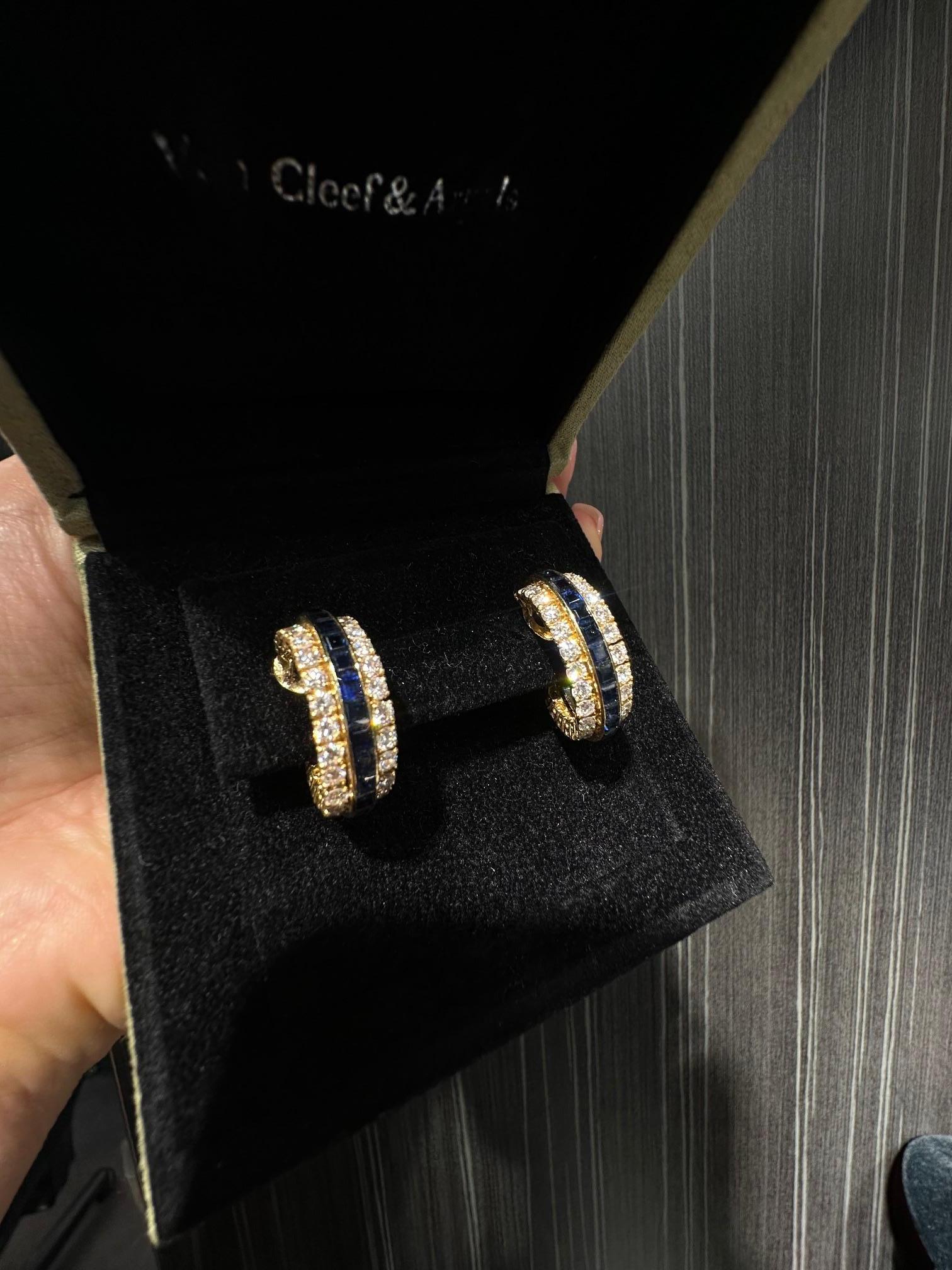 Van Cleef & Arpels 18k Yellow Gold Sapphire and Diamond Hoop Earrings For Sale 1