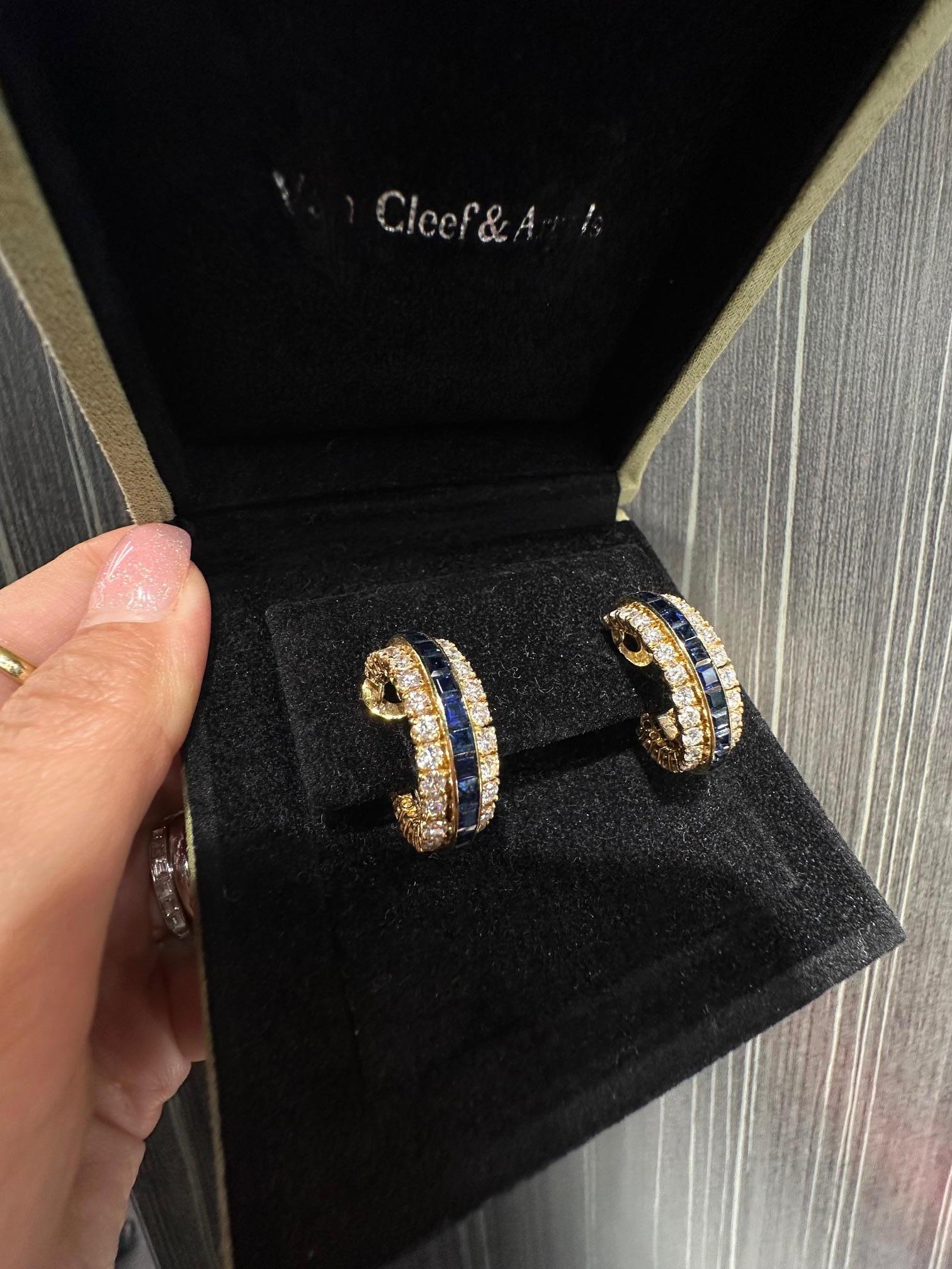 Van Cleef & Arpels 18k Yellow Gold Sapphire and Diamond Hoop Earrings For Sale 2