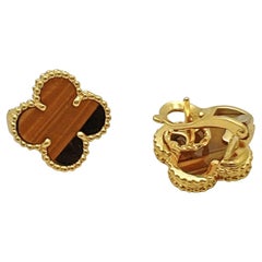 Van Cleef & Arpels 18k Yellow Gold Tiger Eye Vintage Alhambra Earrings