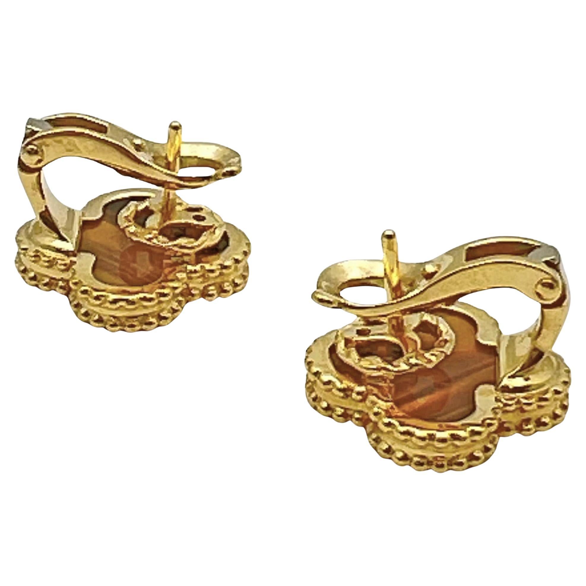 Tumbled Van Cleef & Arpels 18k Yellow Gold Tiger Eye Vintage Alhambra Earrings