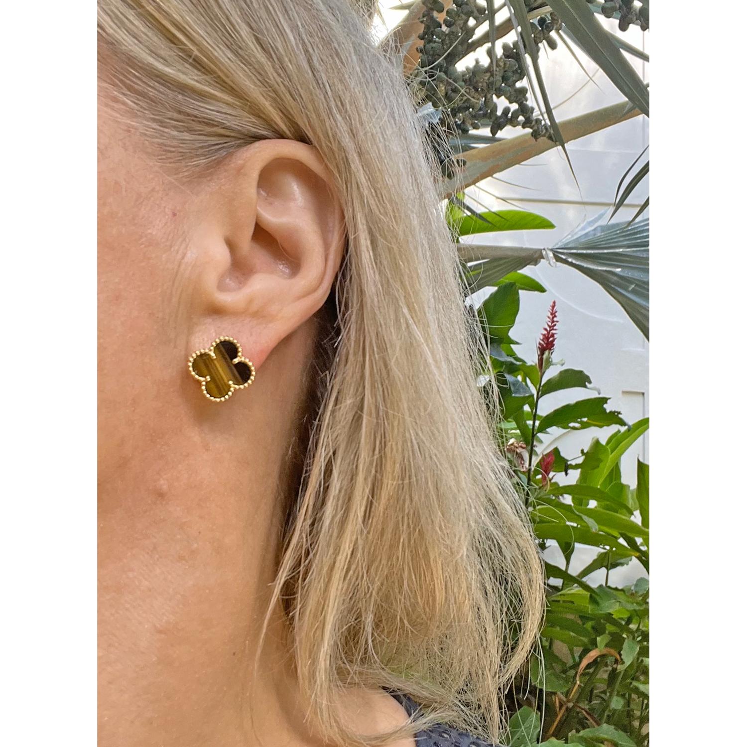 Van Cleef & Arpels 18k Yellow Gold Tiger Eye Vintage Alhambra Earrings In Excellent Condition In Palm Beach, FL