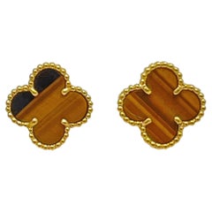 Van Cleef & Arpels 18k Yellow Gold Tiger Eye Vintage Alhambra Earrings