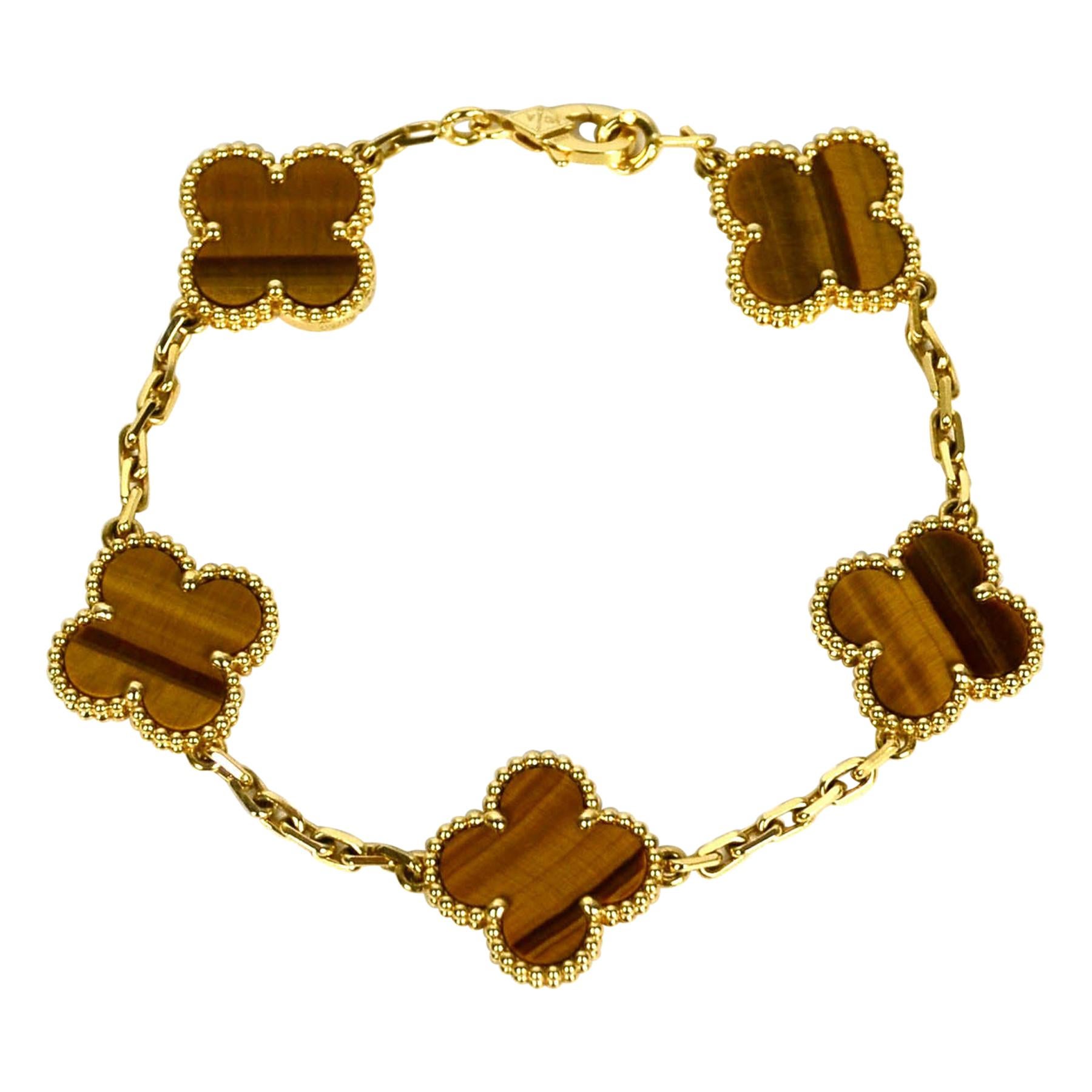 Van Cleef & Arpels 18K Yellow Gold/Tiger's Eye 5 Motif Vintage Alhambra Bracelet