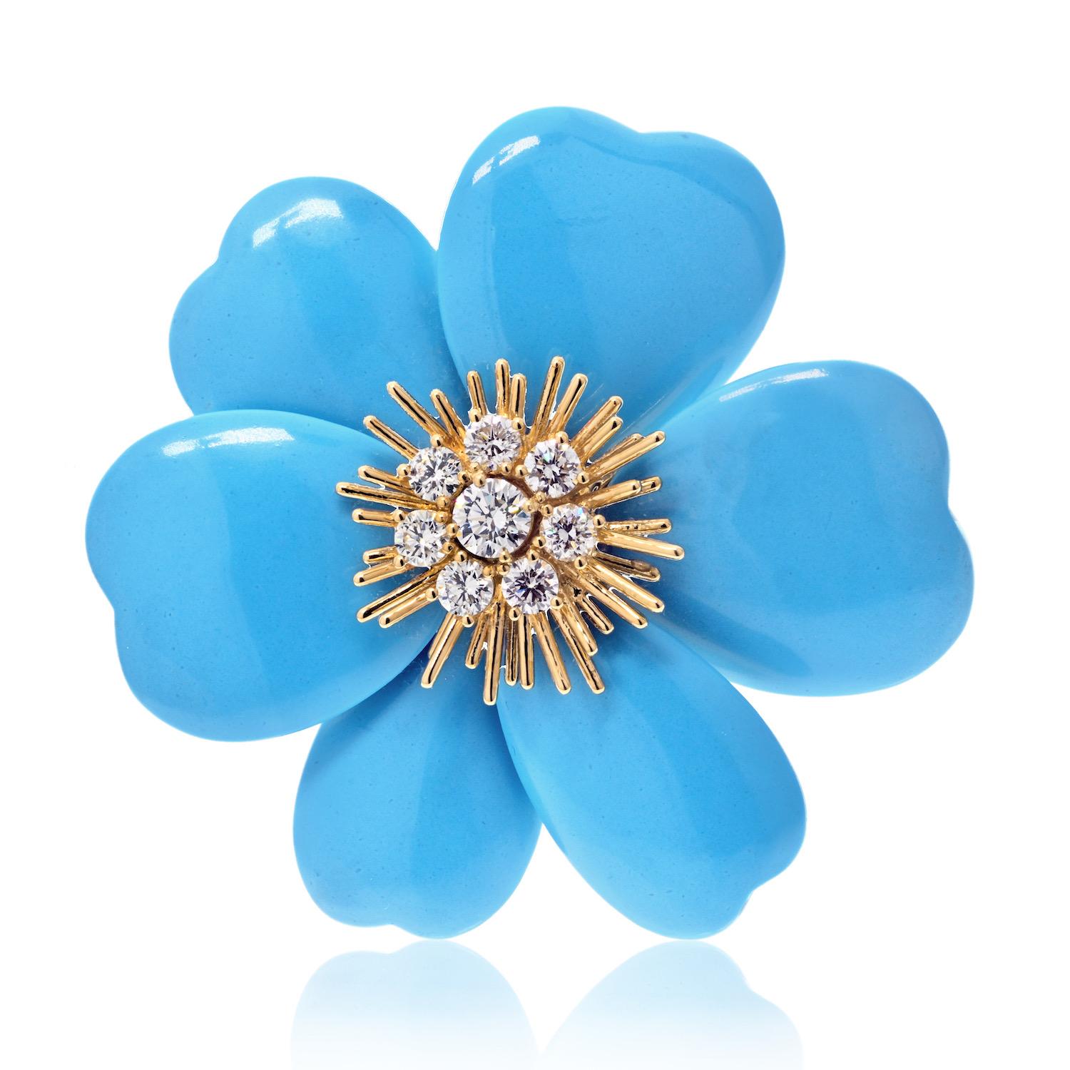 Introducing the Van Cleef & Arpels 18K Yellow Gold Turquoise Rose De Noël Large Model Brooch. This exquisite piece epitomizes the artistry and luxury synonymous with Van Cleef & Arpels. Crafted in 18K yellow gold, this large model brooch features