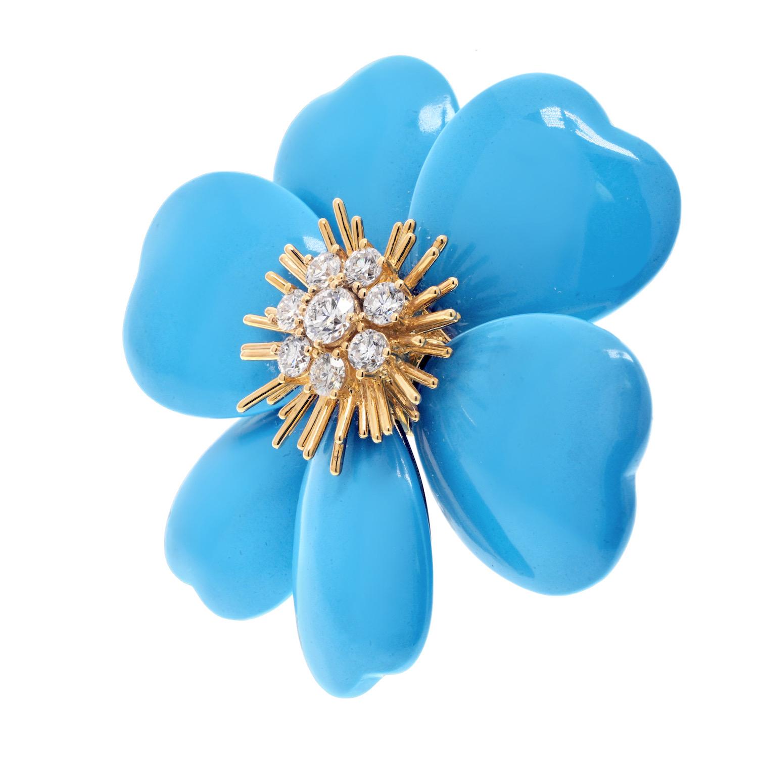 Modern Van Cleef & Arpels 18K Yellow Gold Turquoise Rose De Noel Large Model Brooch