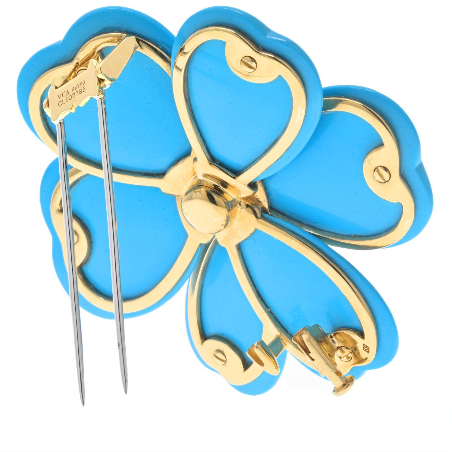 Round Cut Van Cleef & Arpels 18K Yellow Gold Turquoise Rose De Noel Large Model Brooch