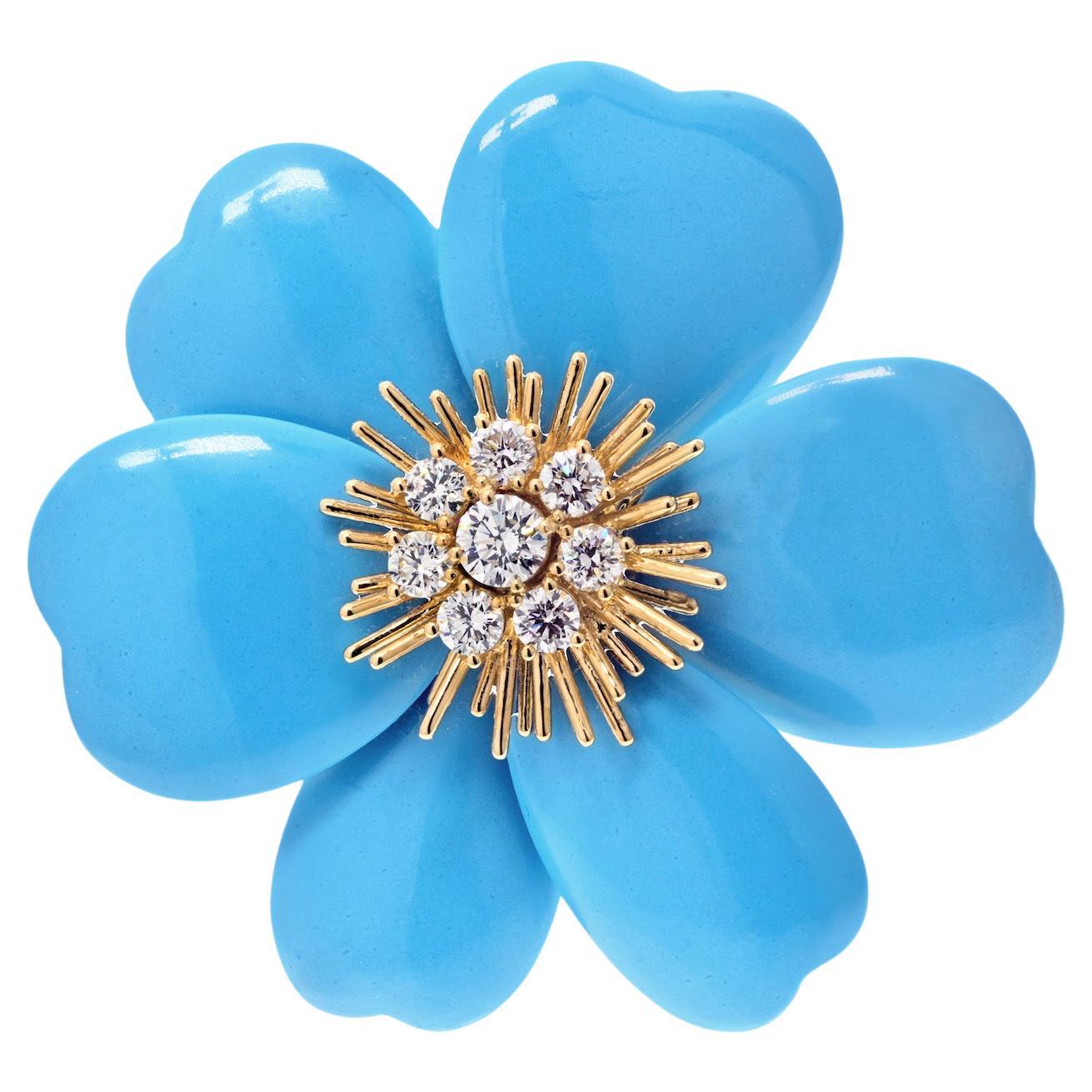Van Cleef & Arpels 18K Yellow Gold Turquoise Rose De Noel Large Model Brooch