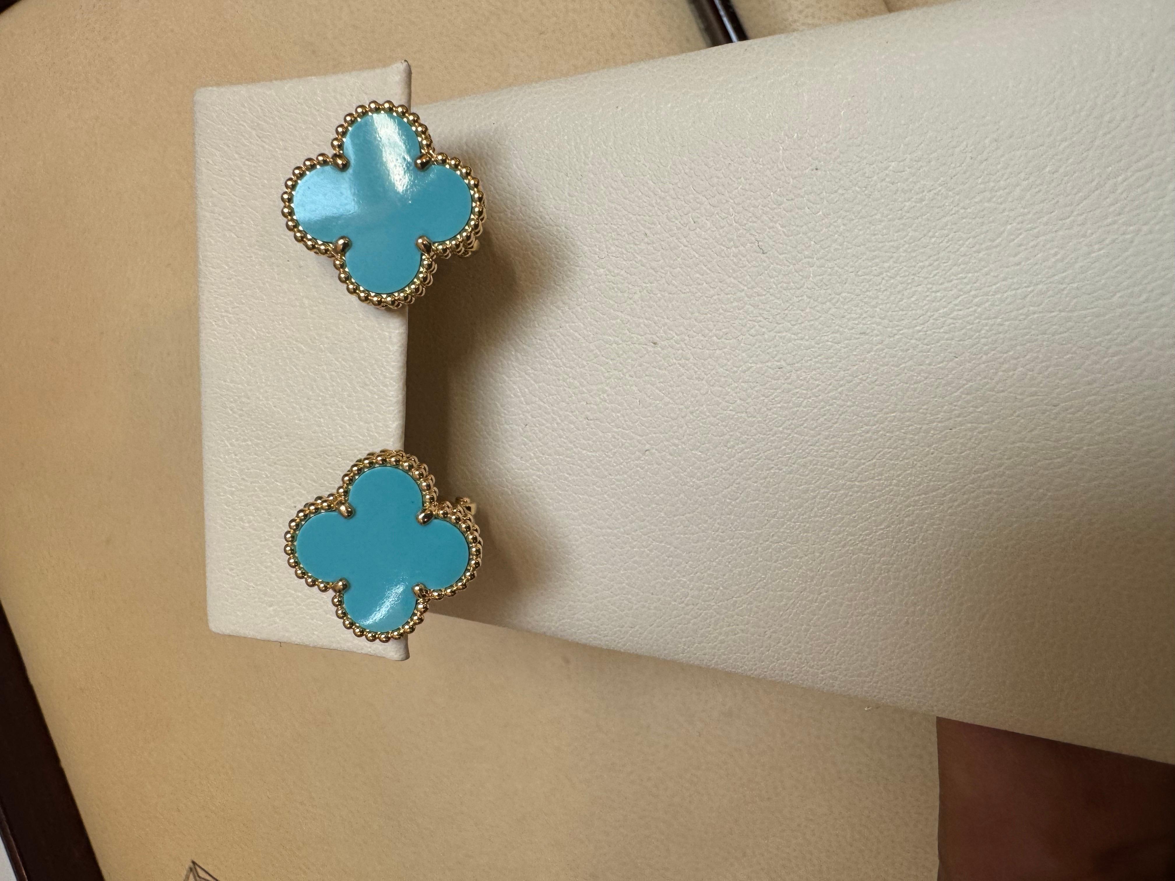 VAN CLEEF & ARPELS 18k Yellow Gold Turquoise Vintage Alhambra Earrings 7
