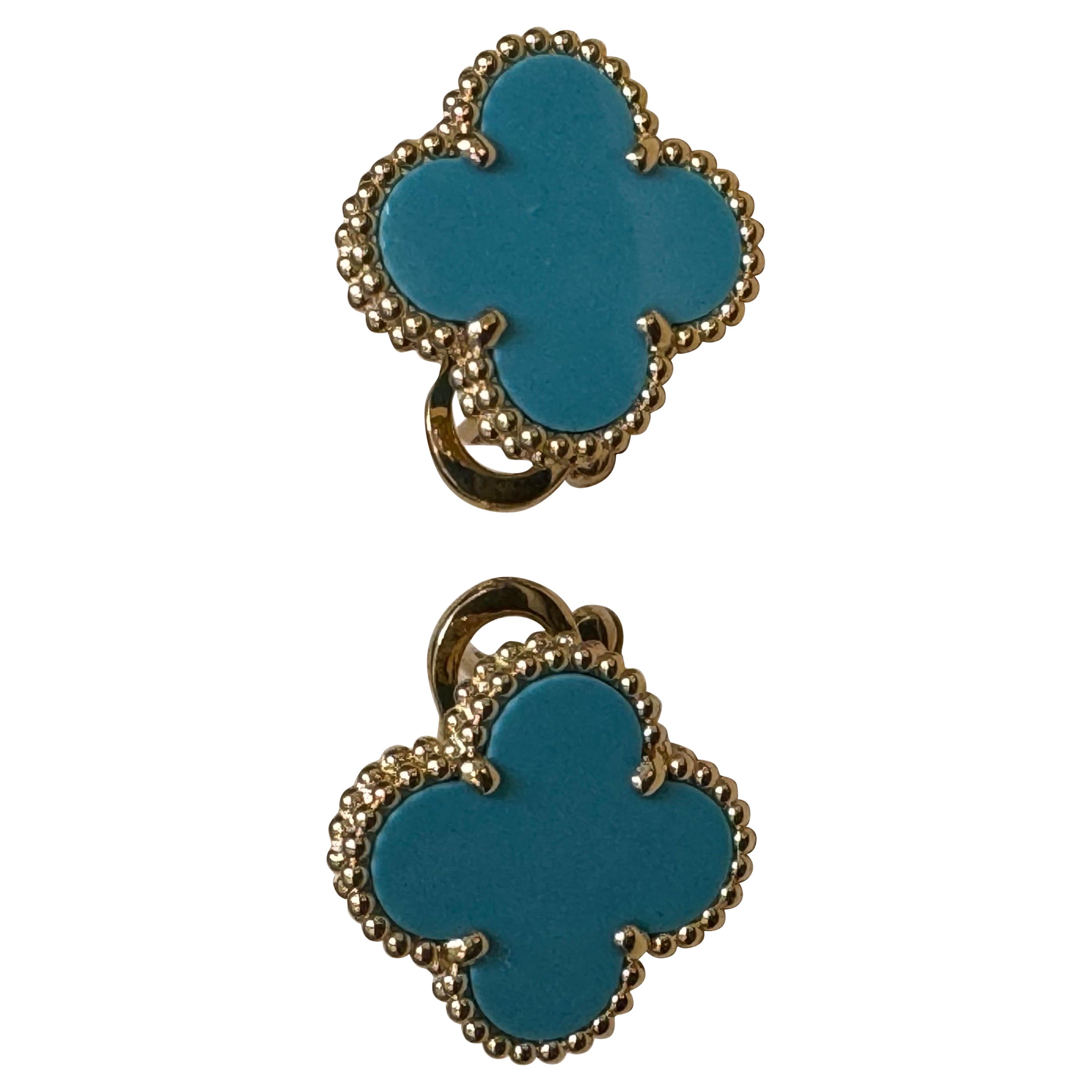 VAN CLEEF & ARPELS 18k Yellow Gold Turquoise Vintage Alhambra Earrings
