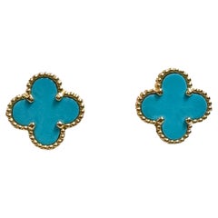 VAN CLEEF & ARPELS 18k Yellow Gold Turquoise Vintage Alhambra Earrings