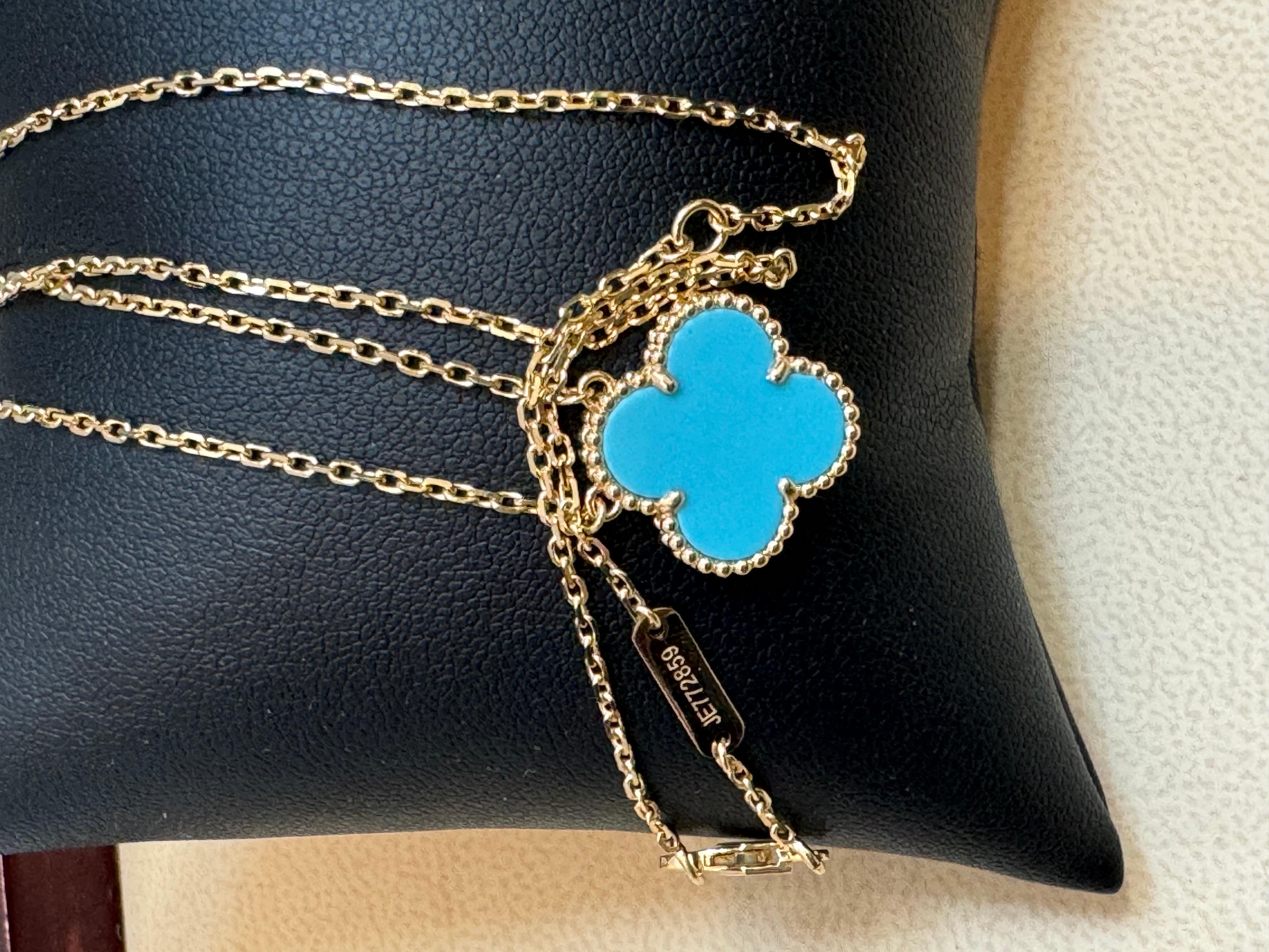 This classic Van Cleef & Arpels Necklace from the iconic Vintage Alhambra collection is crafted in 18k yellow gold and features 1 lucky clover motifs of 10.66 mm  Pendant beautifully inlaid with Turquoise in round bead settings. Made in France circa