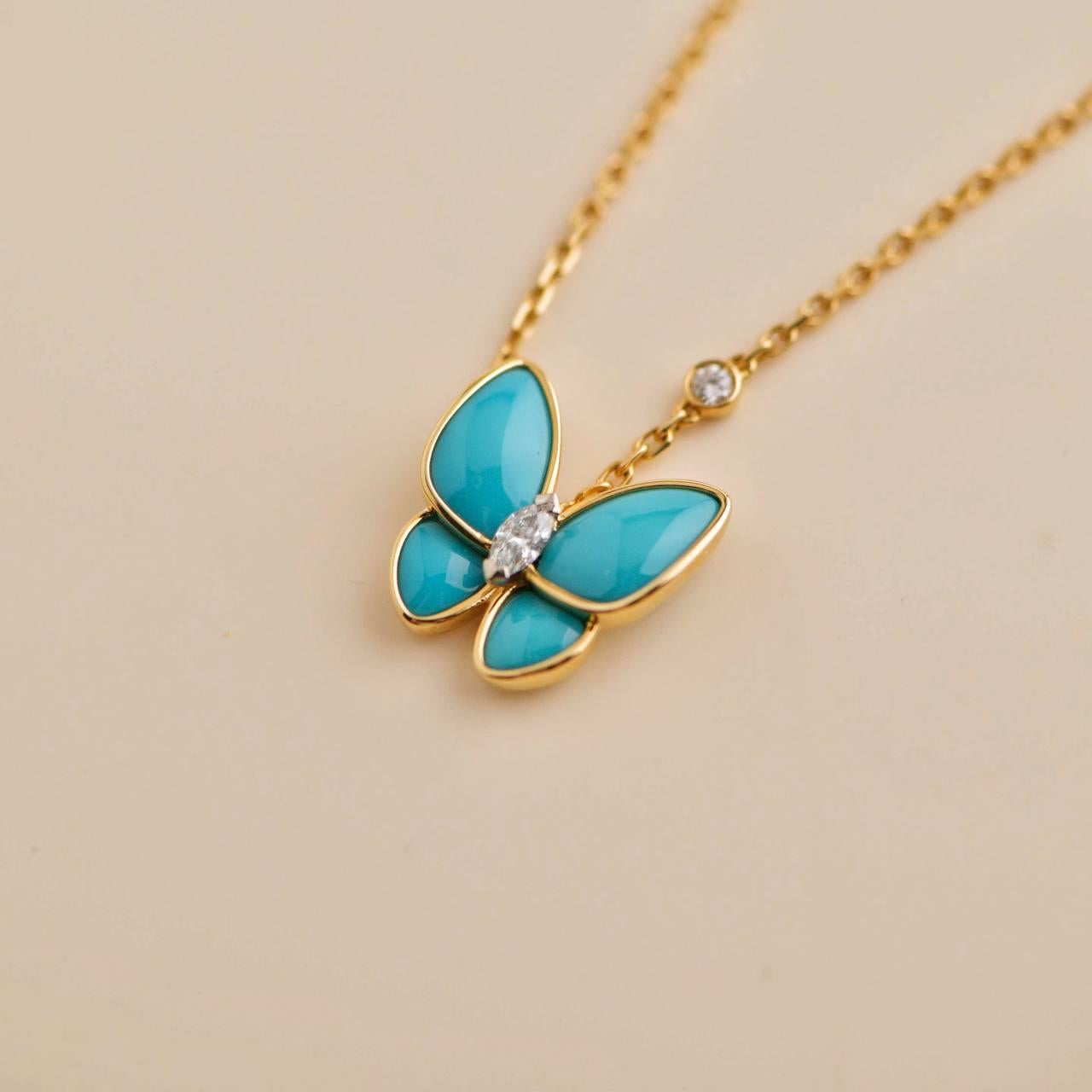 Van Cleef & Arpels 18K Yellow Gold Turquosie Two Butterfly Diamond Pendant For Sale 1