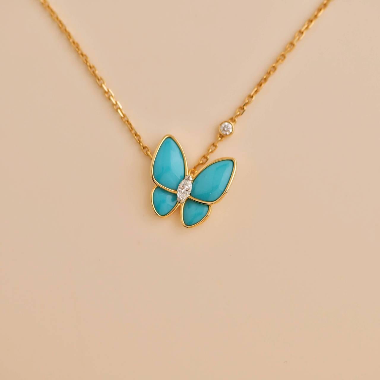 Van Cleef & Arpels 18K Yellow Gold Turquosie Two Butterfly Diamond Pendant For Sale 3